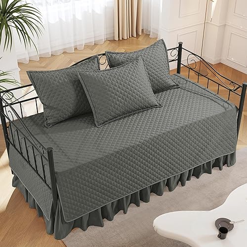 Miniatura 3 de HOMBYS Juego de funda para sofá cama con costuras de diamante, ropa de cama acogedora para todas las estaciones con falda de cama con fundas,