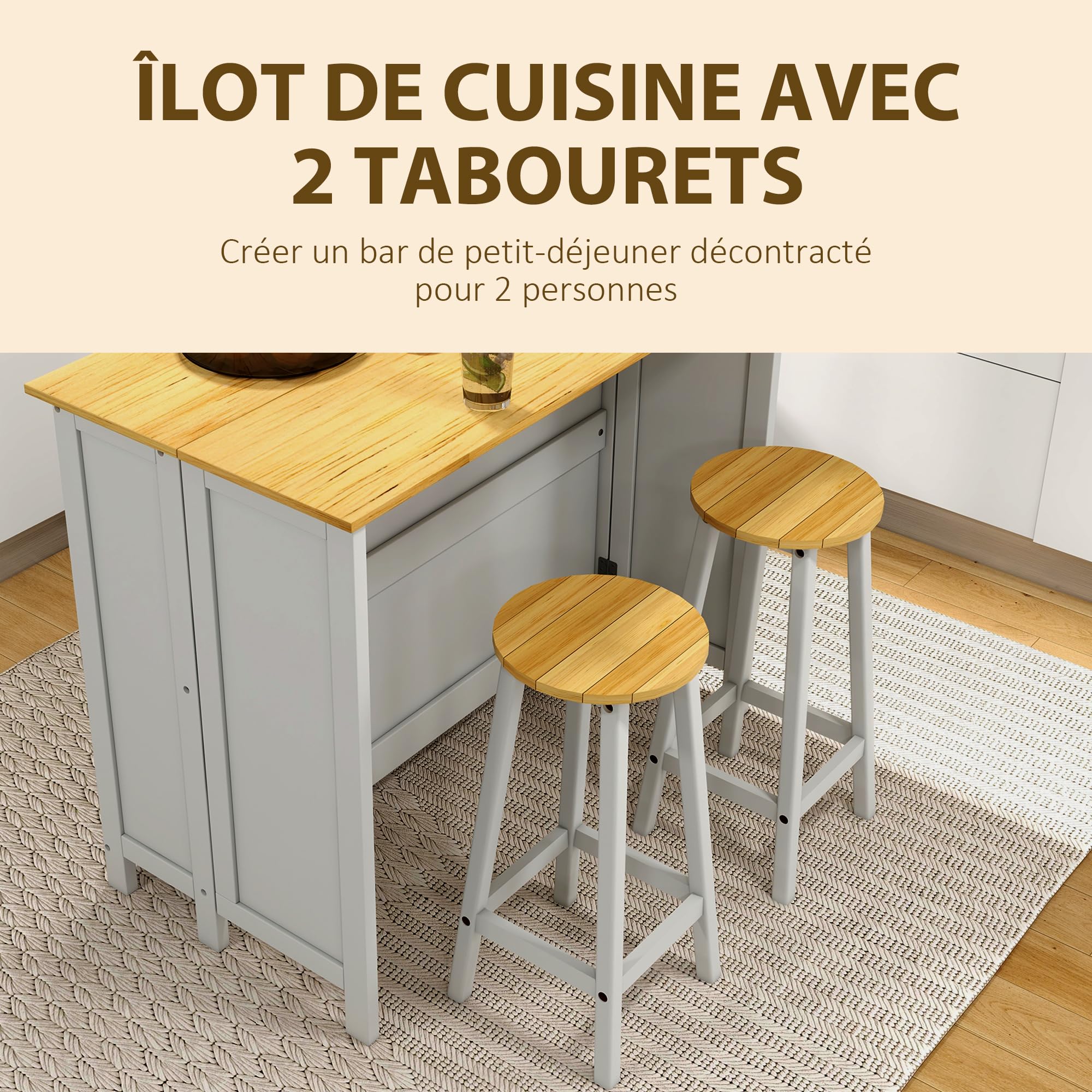 HOMCOM îlot Central de Cuisine avec 2 tabourets, Ensemble Table et Tabouret de Bar, avec 2 armoires, Rangement et Plan de Travail Rabattable, 4 Portes, Design Moderne, Blanc