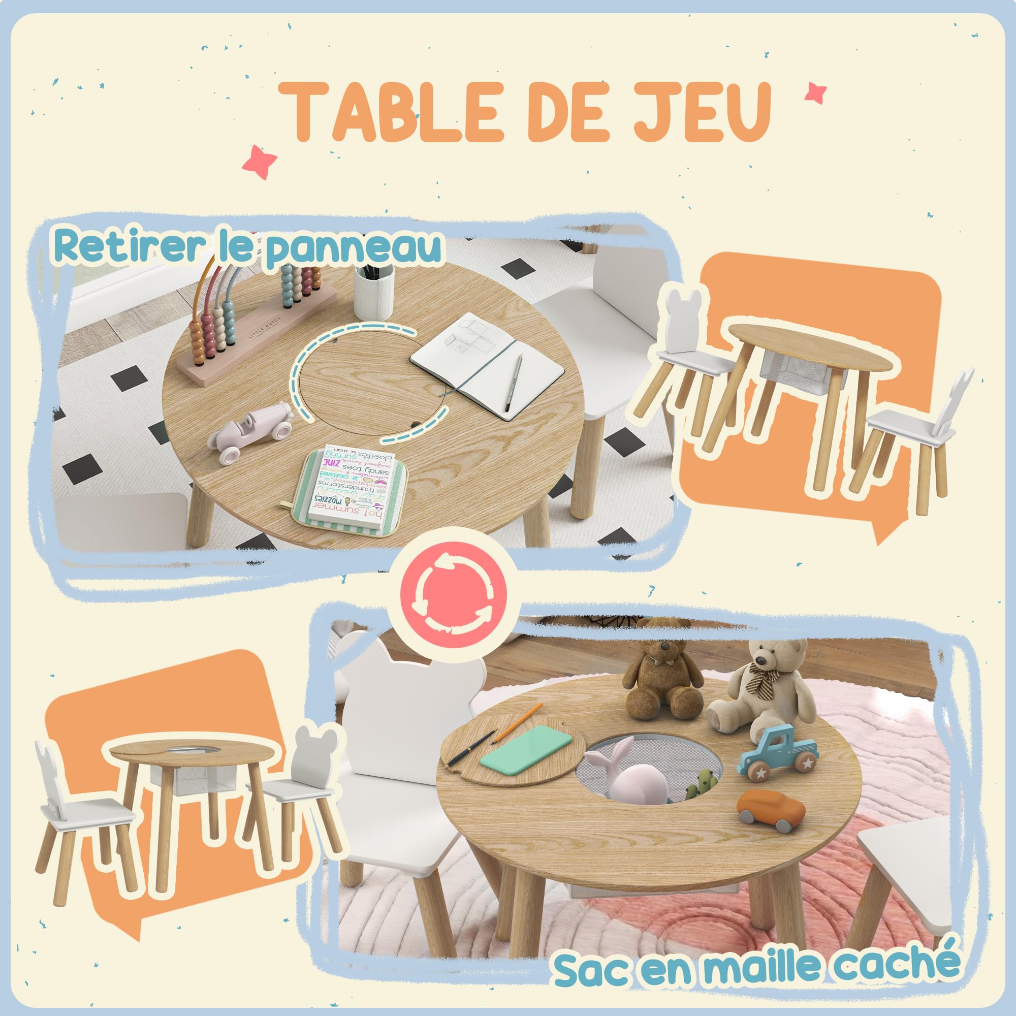 AIYAPLAY Table Enfant avec Chaise, Ensemble de Table et 2 chaises pour Enfants, Dossier en Forme d'ours pour Jouer, étudier, Bricolage, 3-6 Ans, Bois Naturel