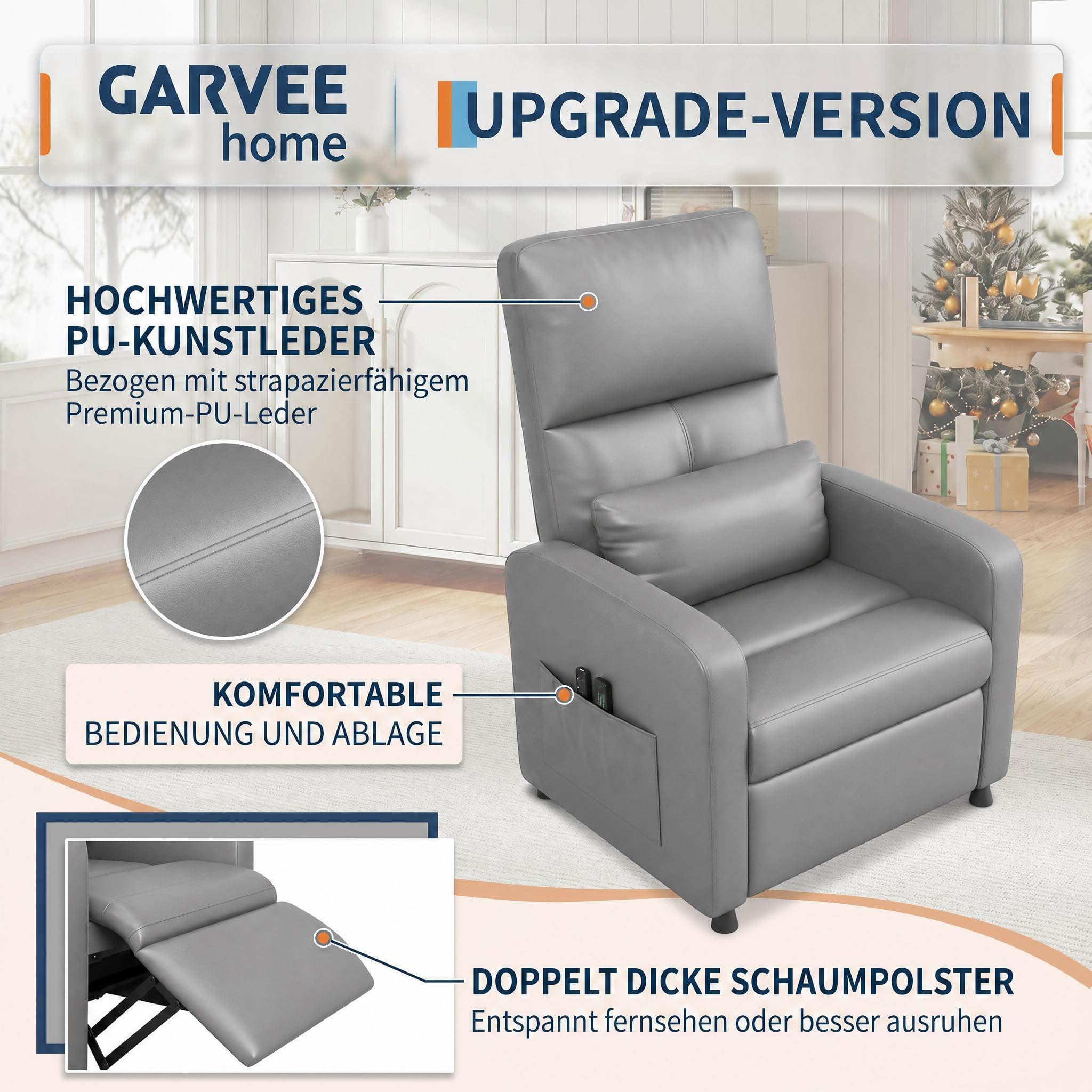 Massagesessel Elektrisch mit 8 Massagemodi, Relaxsessel mit Liegefunktion & Heizfunktion, Fernsehsessel mit Lendenstütze, USB-Anschluss & Seitentasche, Sessel für Wohnzimmer, belastbar bis 180 kg