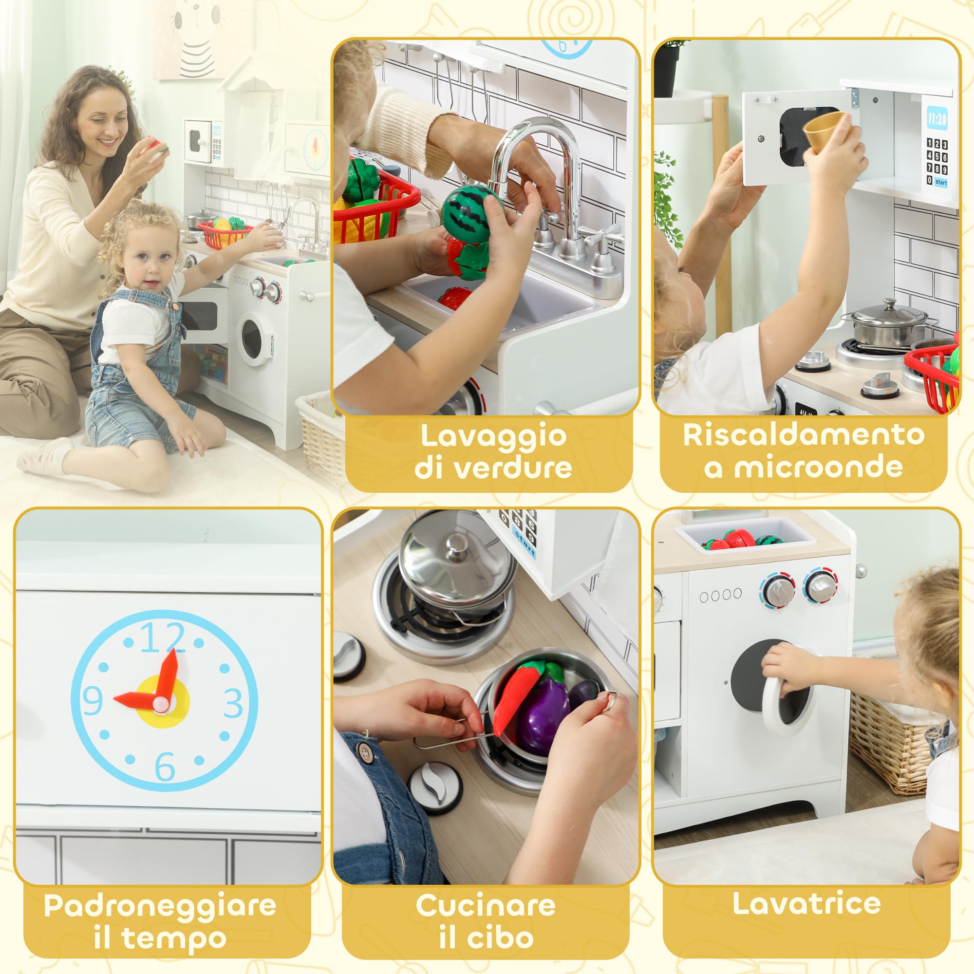 AIYAPLAY Cucina Giocattolo per Bambini da 3-6 Anni Legno Forno Bianco | Set di Accessori in Acciaio, Armadietti, Lavandino, Manopole con Suoni