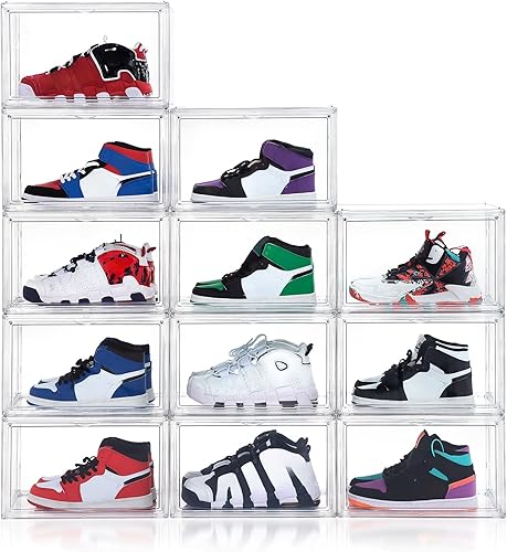 Miniatura 8 de Paquete de 12 cajas de zapatos, contenedor de plástico apilable de acrílico transparente, caja organizadora de zapatos magnética, con tapa que se