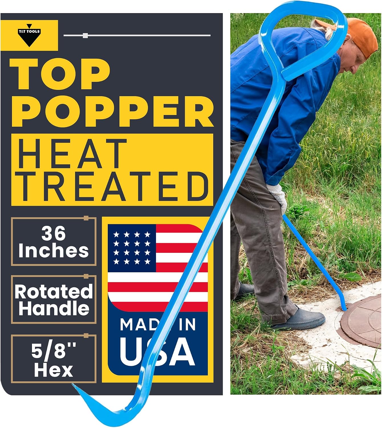 T&T Tools 36-Inch Top Popper Manhole Hook Tool - Rotated Handle, 5/8" Hex
