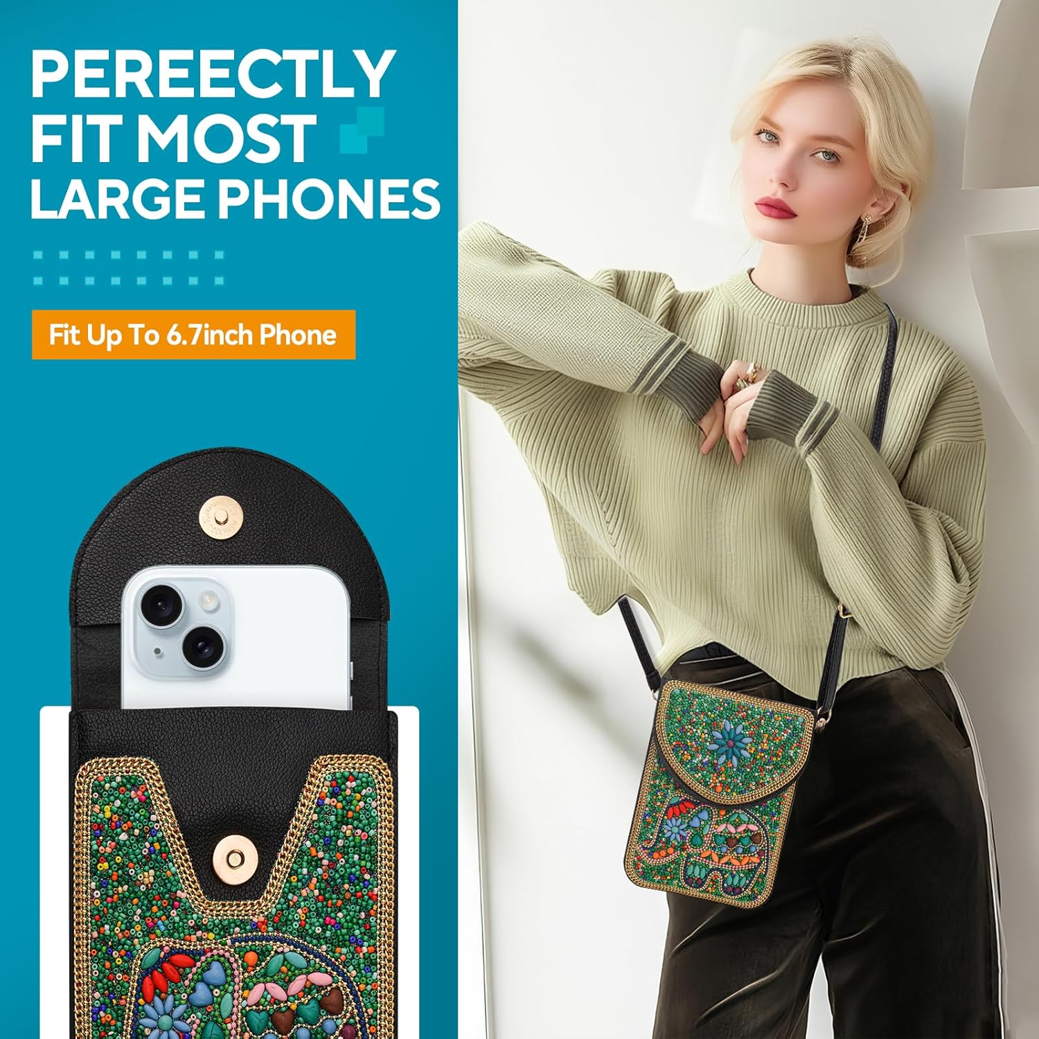 Small Beaded Crossbody Bag for Women, Boho Cell Phone Shoulder Purse Wallet with Handcrafted Colorful Beads - Image 7