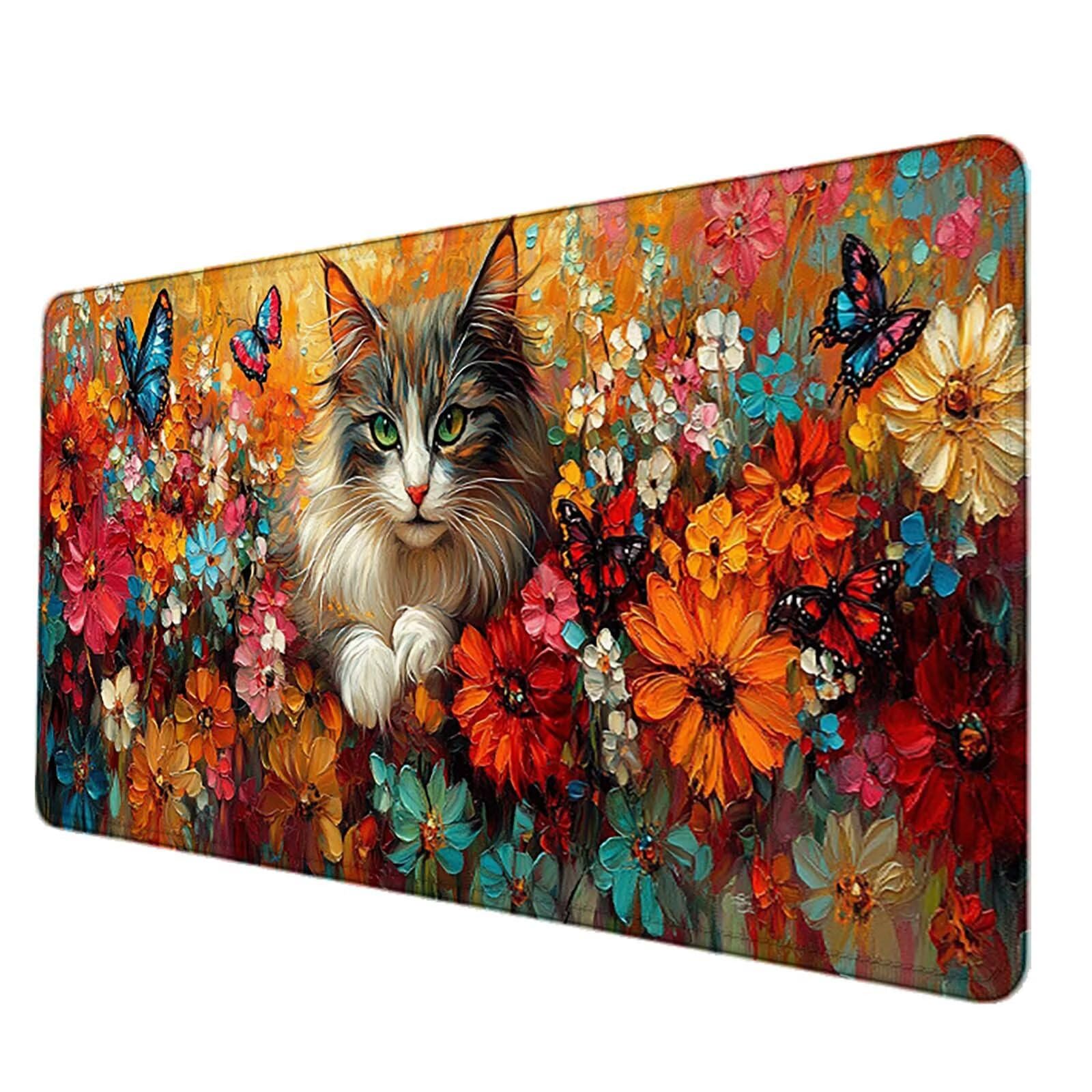 Podkładka pod mysz z kwiatami XXL 1200 x 600 mm, wodoodporna podkładka pod mysz z motywem kota szyte krawędzie design akcesoria biurowe antypoślizgowa gumowa podstawa powierzchnia dla graczy, biurko