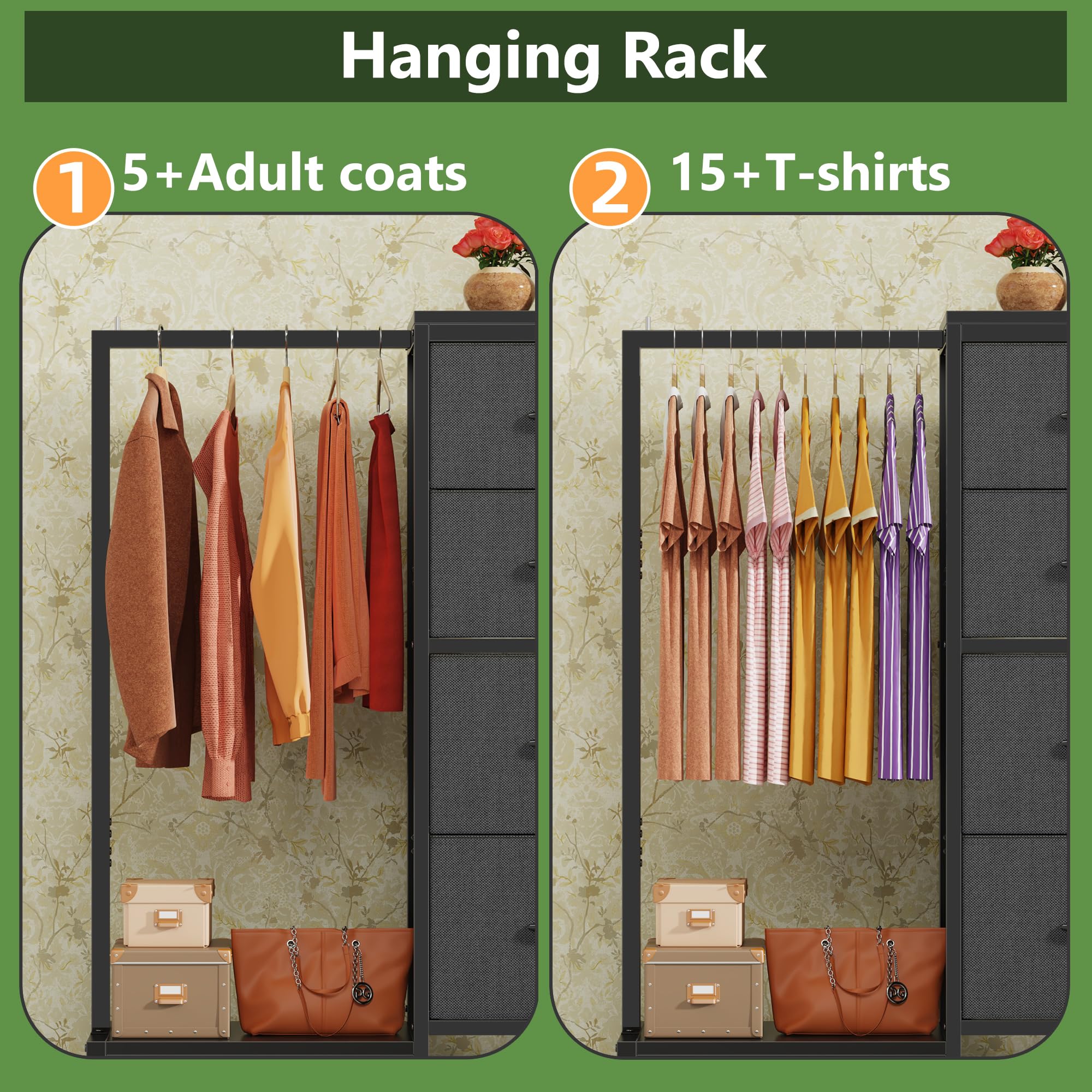 Cómoda con estante para colgar, armario pequeño de 4 cajones para dormitorio, cómoda de tela reversible para niños con perchero, torre de almacenamiento alta, marco resistente, gris, 44 4