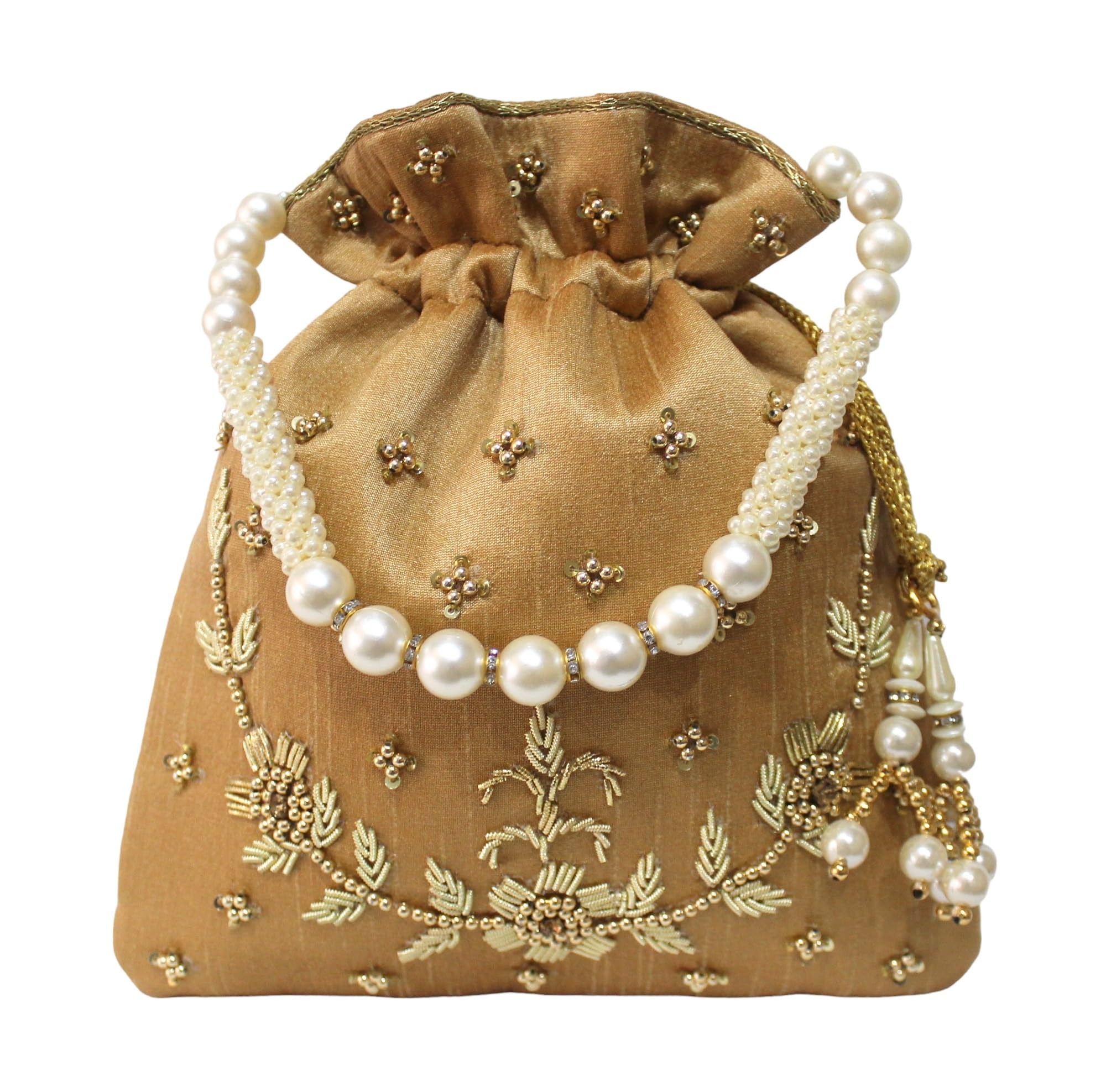 Pearl & Zardosi Potli Bag Hand Embroidery Drawstring Potli Women's Handbag Purse With Pearl Handle & Tassel Purse-image-4