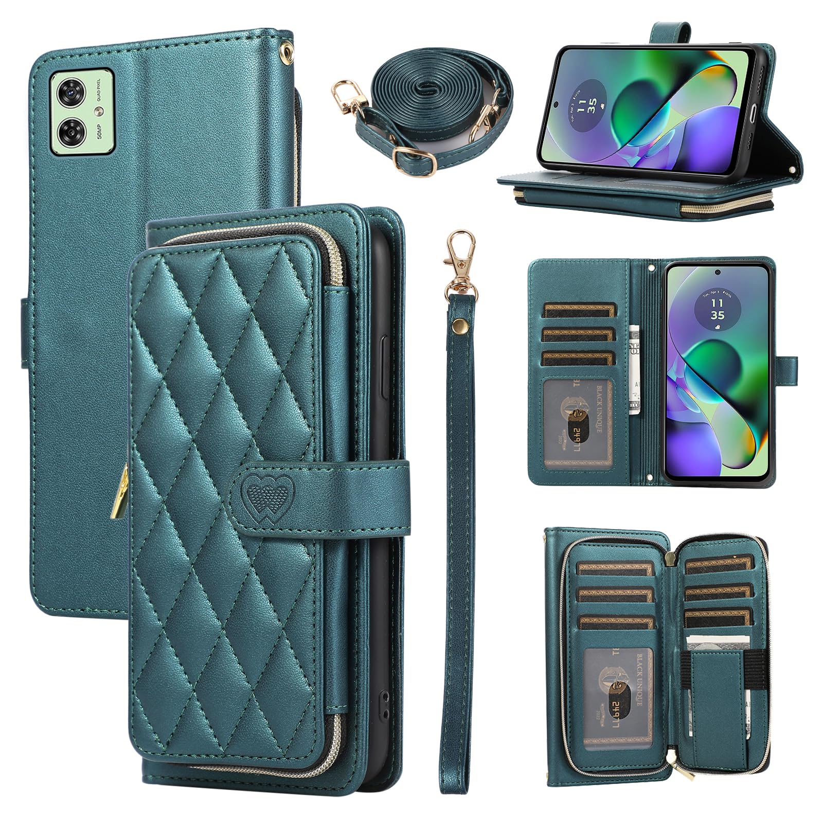 ELISORLI Wallet Case for Motorola Moto G54 5G with Detachable Wrist Strap Crossbody Shoulder Strap 9 Card Slots Zipper Purse Luxury PU Leather Stand Accessories Phone Cover for G 54 2023 Girls Black
