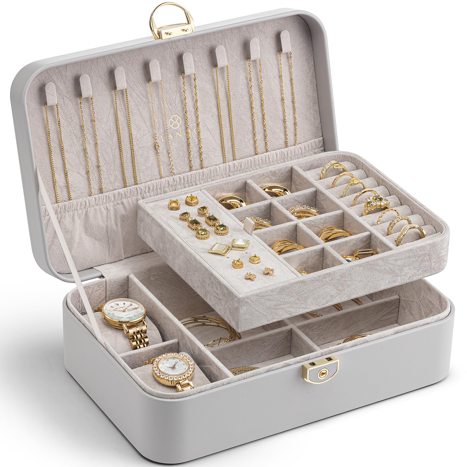 VLANDO Schmuckkästchen Mädchen Damen, Doppelschicht Schmuckschatulle mit 2 Uhrenkissen, Abschließbare Schmuckaufbewahrung, Schmuckkasten Box für Ringe Ohrringe Armbänder Halsketten, Grau