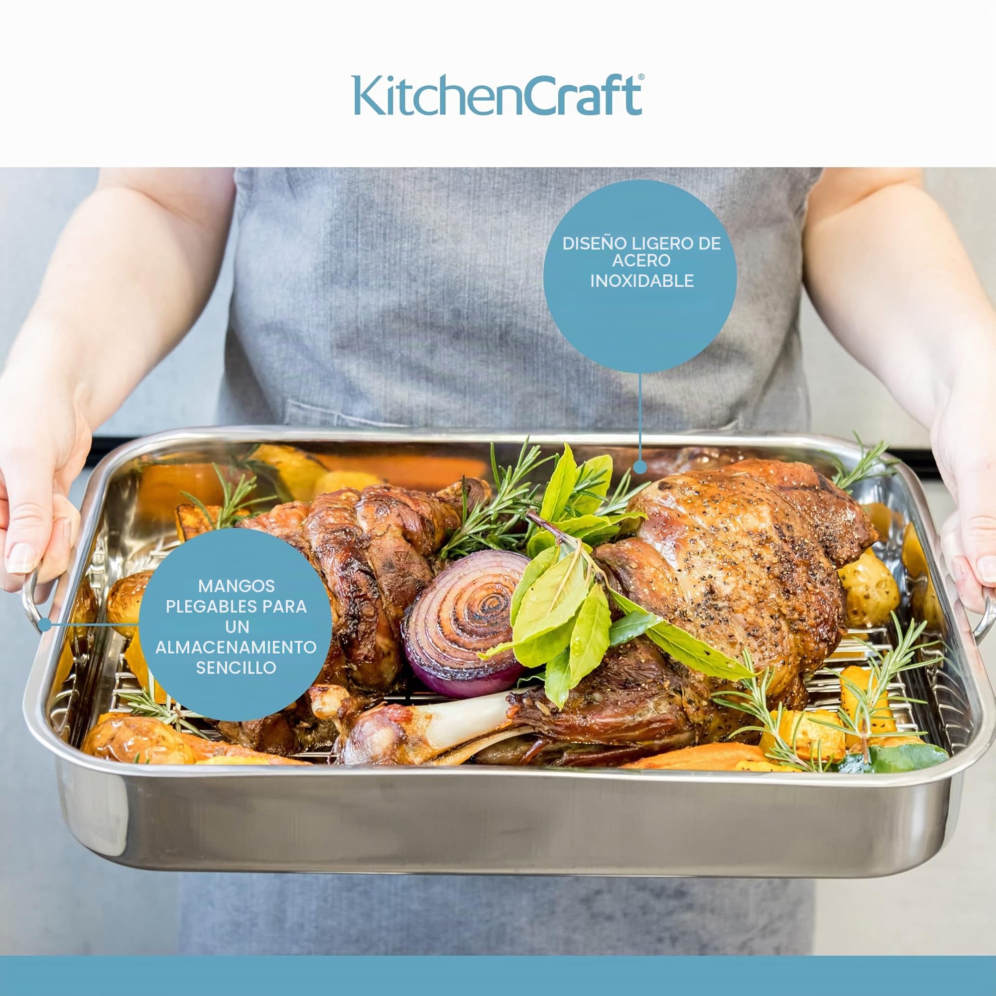 Kitchen Craft - Fuente de Horno Rectangular con Rejilla (Acero Inoxidable), Color Plateado