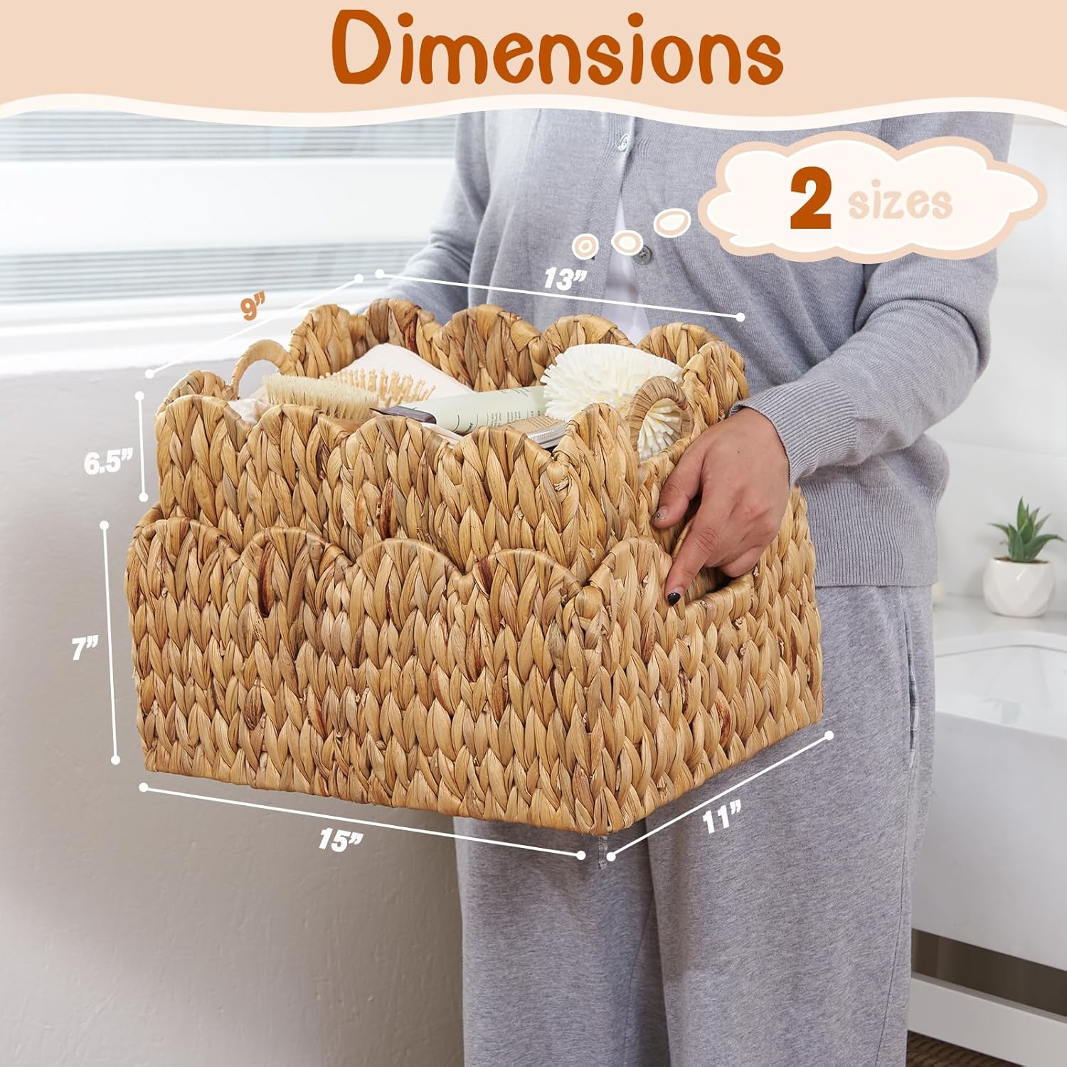 FairyHaus Wicker Basket 2Pack, Handwoven Scalloped Wicker Storage Basket with Handles, Natural Water Hyacinth Woven Bakests for Storage, Large and Small Rectangle Basket, 15 x 11 x 7" & 13 x 9 x 6.5"