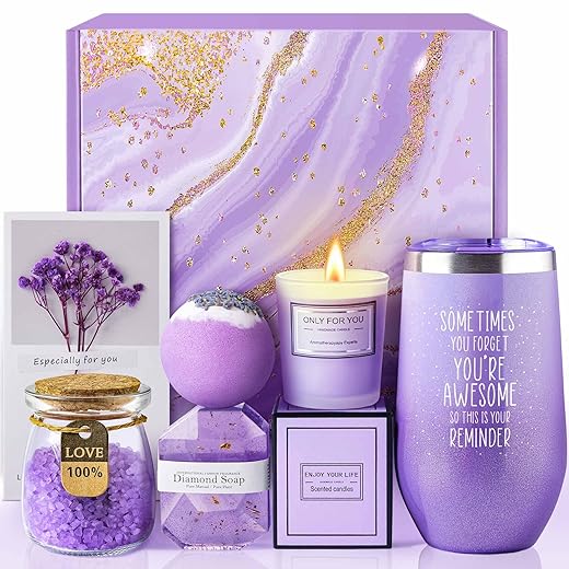 Gifts for Women, Mom, Wife, Girlfriend, Sister, Friends, Her - Happy Birthday, Christmas, Valentine's Day, Mothers Day Gifts - Personalized Lavender Relaxing Spa Gift Basket Set for Women Xmas 2023