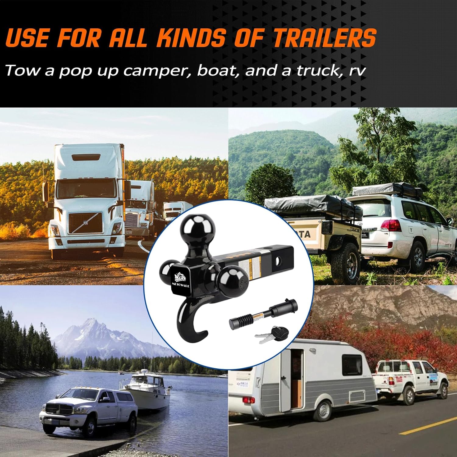 MEOTWARE Trailer Hitch Tri-Ball Mount with Hook - Heavy Duty Trailer Ball Size 1-7/8", 2" and 2-5/16", Fits 2 Inch Receiver Pickup Truck, Hollow Shank with 5/8" Hitch Lock, Black - Image 7