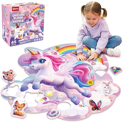 SYNARRY Unicorn Floor Puzzles for Kids Ages 4-6, Large 45 Piece Floor Puzzles for Kids Ages 4-8, Puzzles for Toddlers 3-5, Unicorn Toys Gifts for 3 4 5 6 7 8 Year Old Girls
