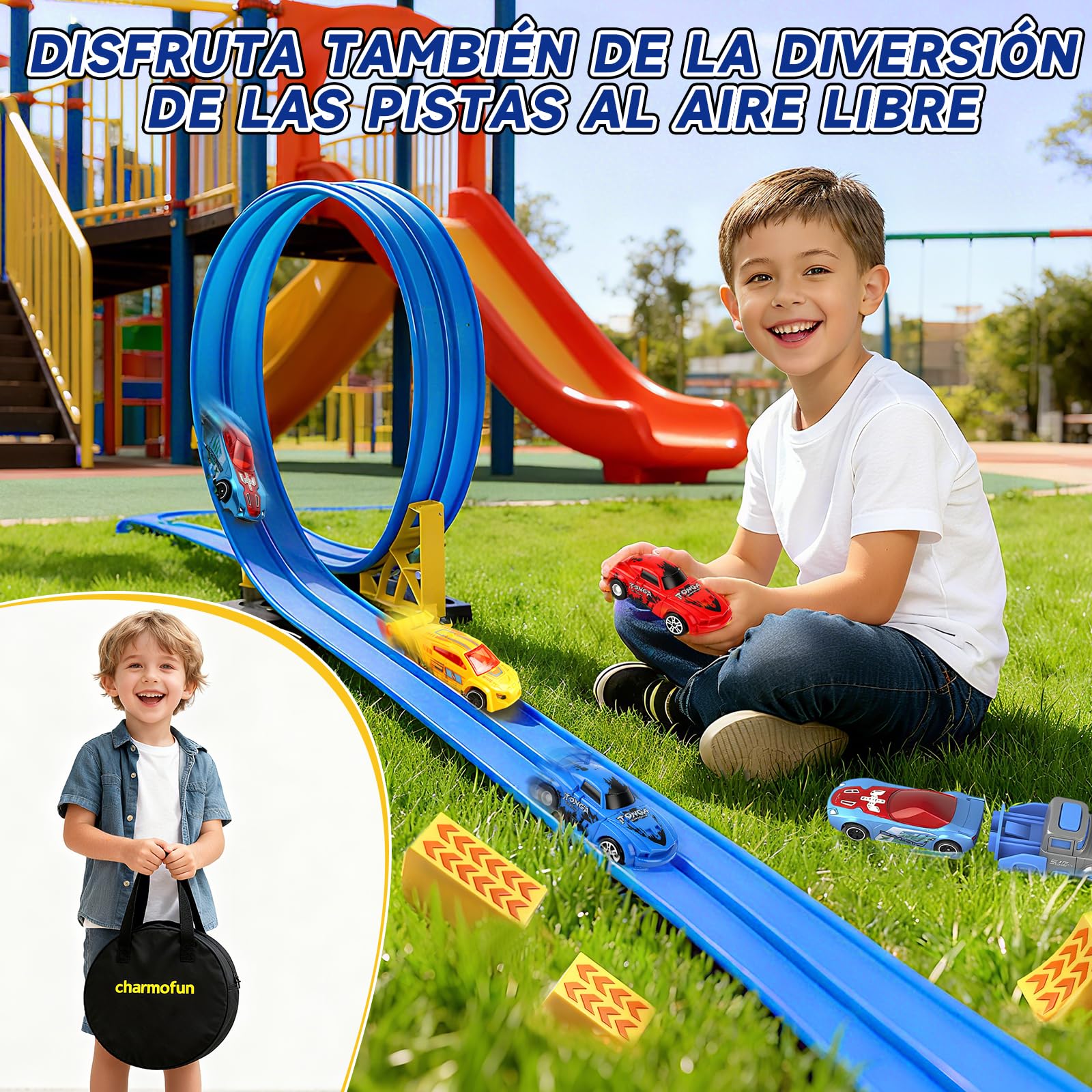 Charmofun Pista de Coches Flexible 5M, Pista de Coches para Niños con 4 Coches, Bolsa Almacenamiento, 2 Lanzadores, 8 Rampas y Ventosas, Pista De Carreras Portátil para Niños de 3+ Años (Azul)
