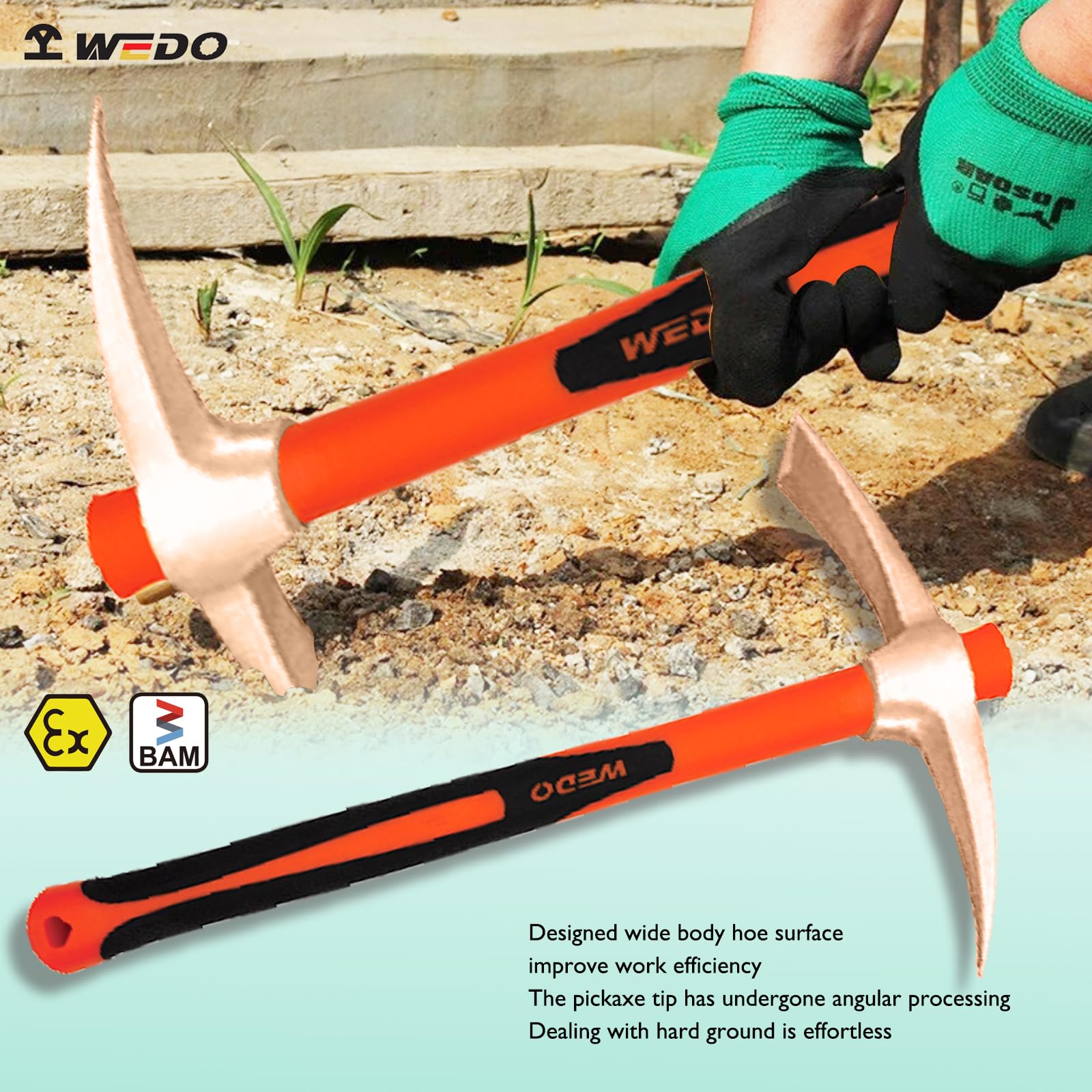WeDo Ferrocarril sin chispas, mango de fibra de vidrio de seguridad sin chispas, cobre berilio no magnético, forjado a presión, resistente a la corrosión, estándar DIN BAM/ATEX