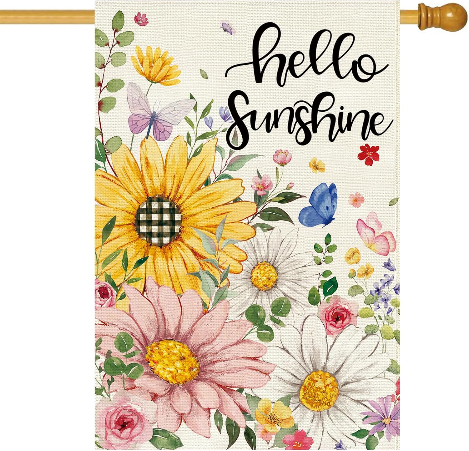 Baccessor Spring Summer House Flag Double Sided 28x40 Inch Burlap,Hello Sunshine Sunflowers Daisy Large Garden Flag Porch Patio Yard Seasonal Farmhouse Outside Outdoor Decor