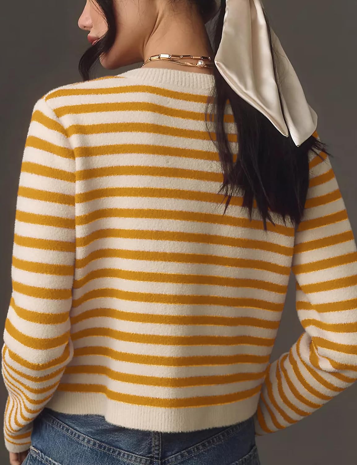 Lentta Womens Striped Knit Cardigan Sweater Crew Neck Long Sleeve Button Front Outerwear - Image 4