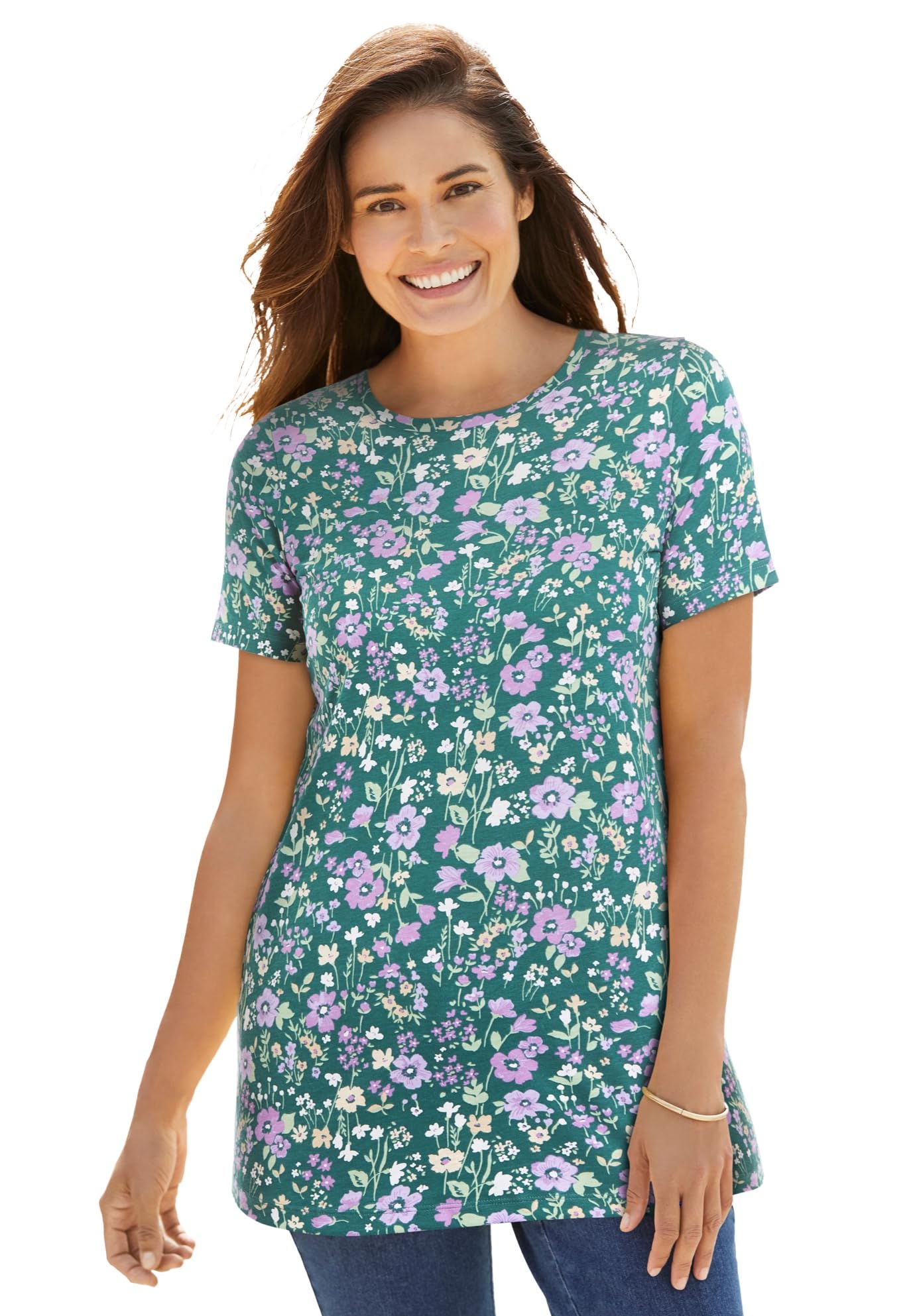 Woman Within Perfect Printed Short-Sleeve Crewneck Tee | Women's Plus Size