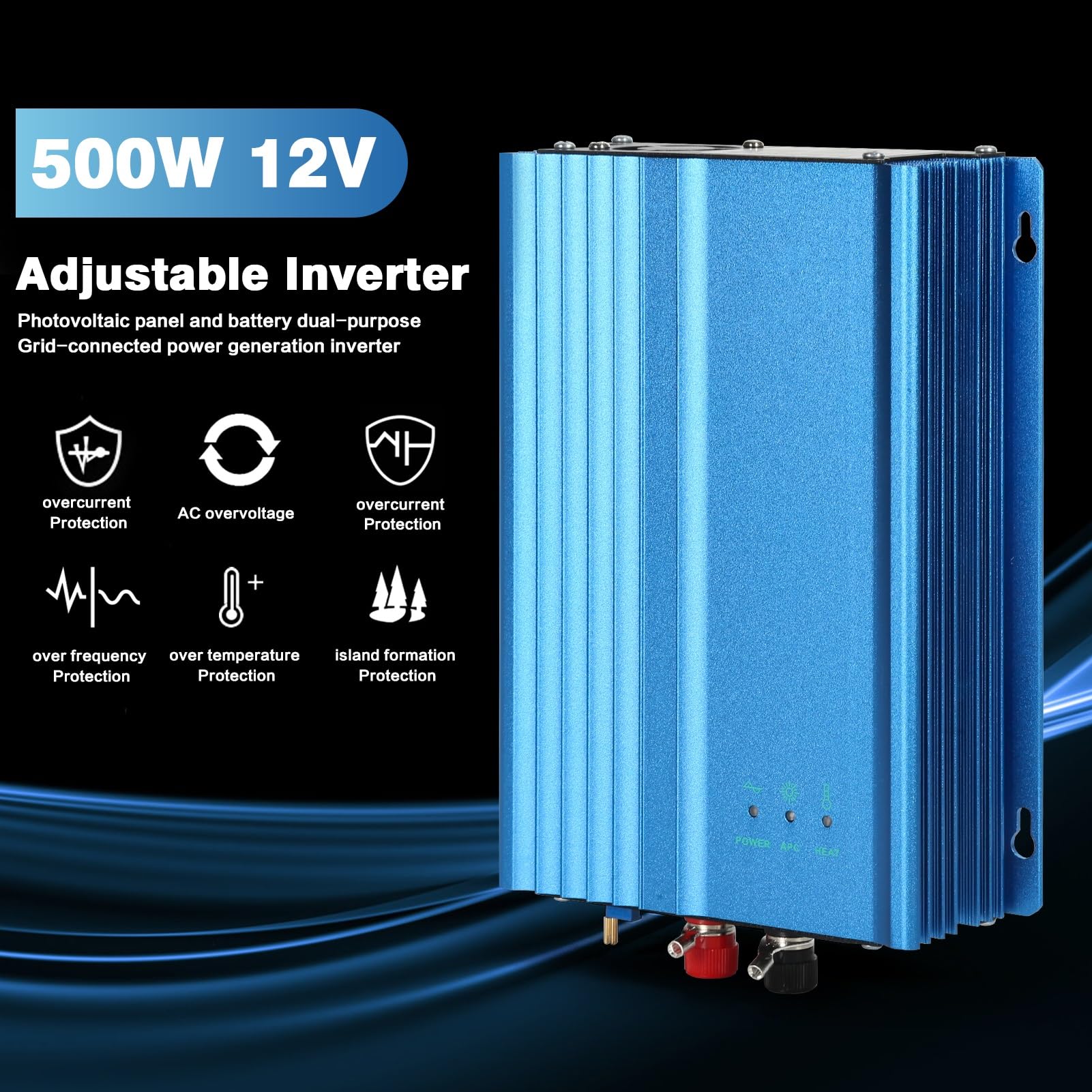 Jadeshay Inverter Fotovoltaico, 500W Inverter Grid Tie MPPT 12V Scarica Batteria Regolabile per Pannelli Solari Fotovoltaici, AC220V