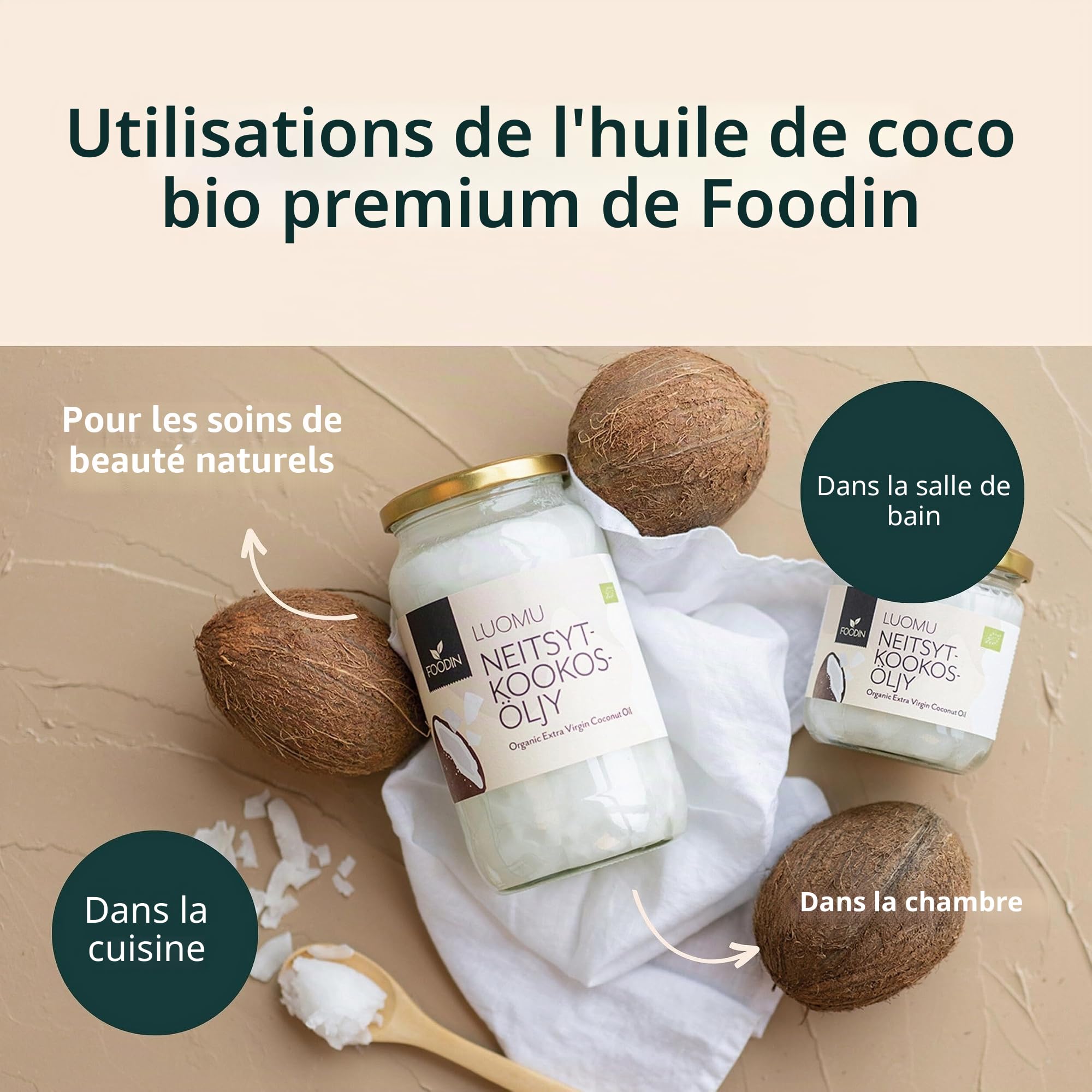 FOODIN Huile de coco bio 2 x 1000 ml, vierge pressée à froid, de qualité supérieure, bonne option pour la friture et la cuisson, 100% sans gluten et végétalien