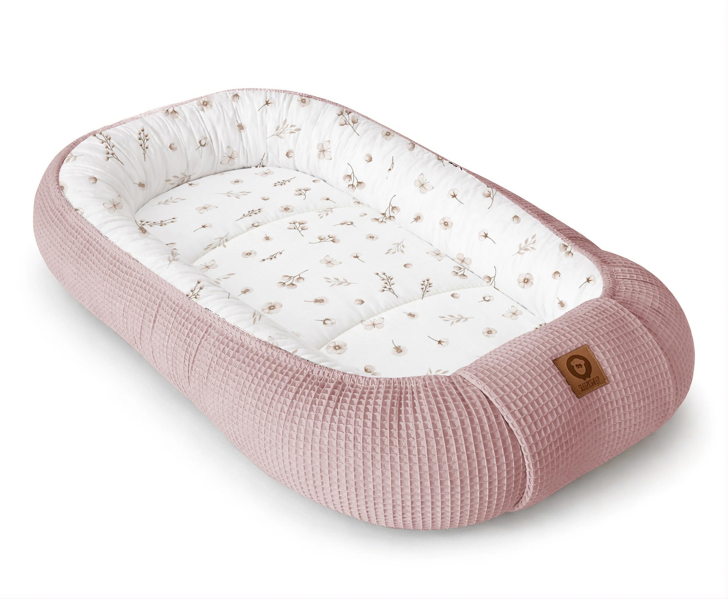 Babynestchen Neugeborene – Nestchen Baby aus Waffel Baumwolle & Baumwollstoff – Babynest für Babybett & Kinderbett – Baby Kokon Tragbar – OEKO-TEX zertifiziert – Zubehör für Babybett - Tauwiese + Rosa