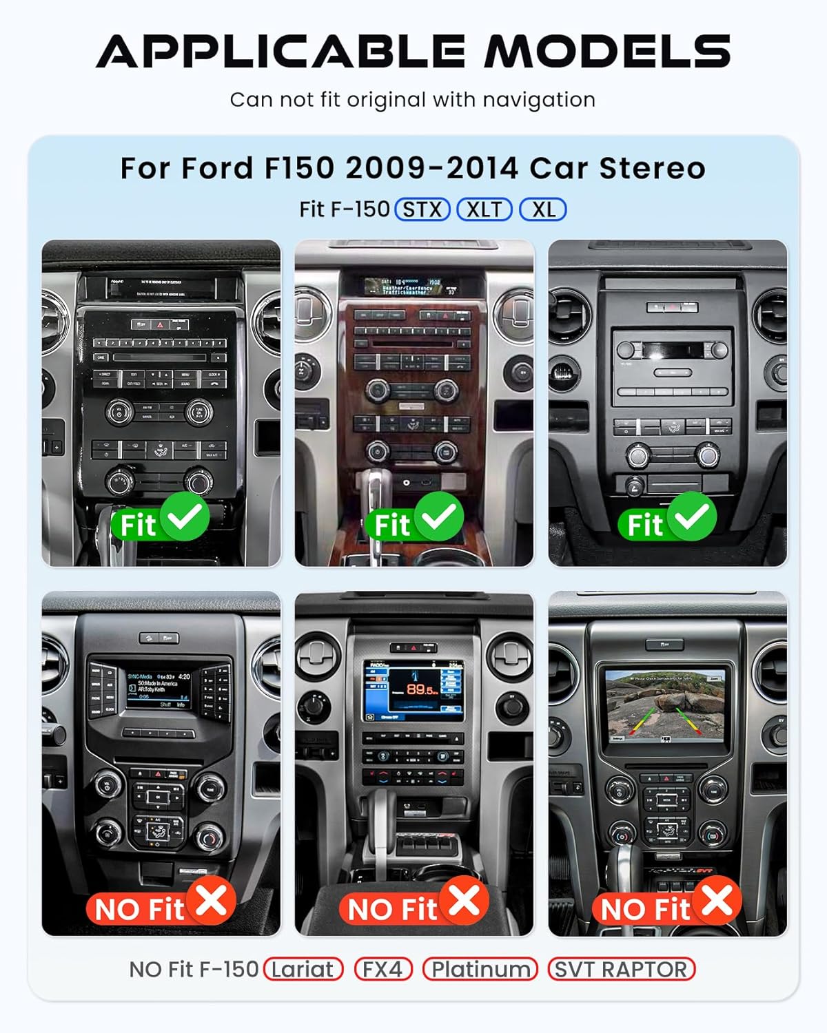 Compatibility chart for Ford F150 models 2009-2014, showing compatible and incompatible dashboard configurations.