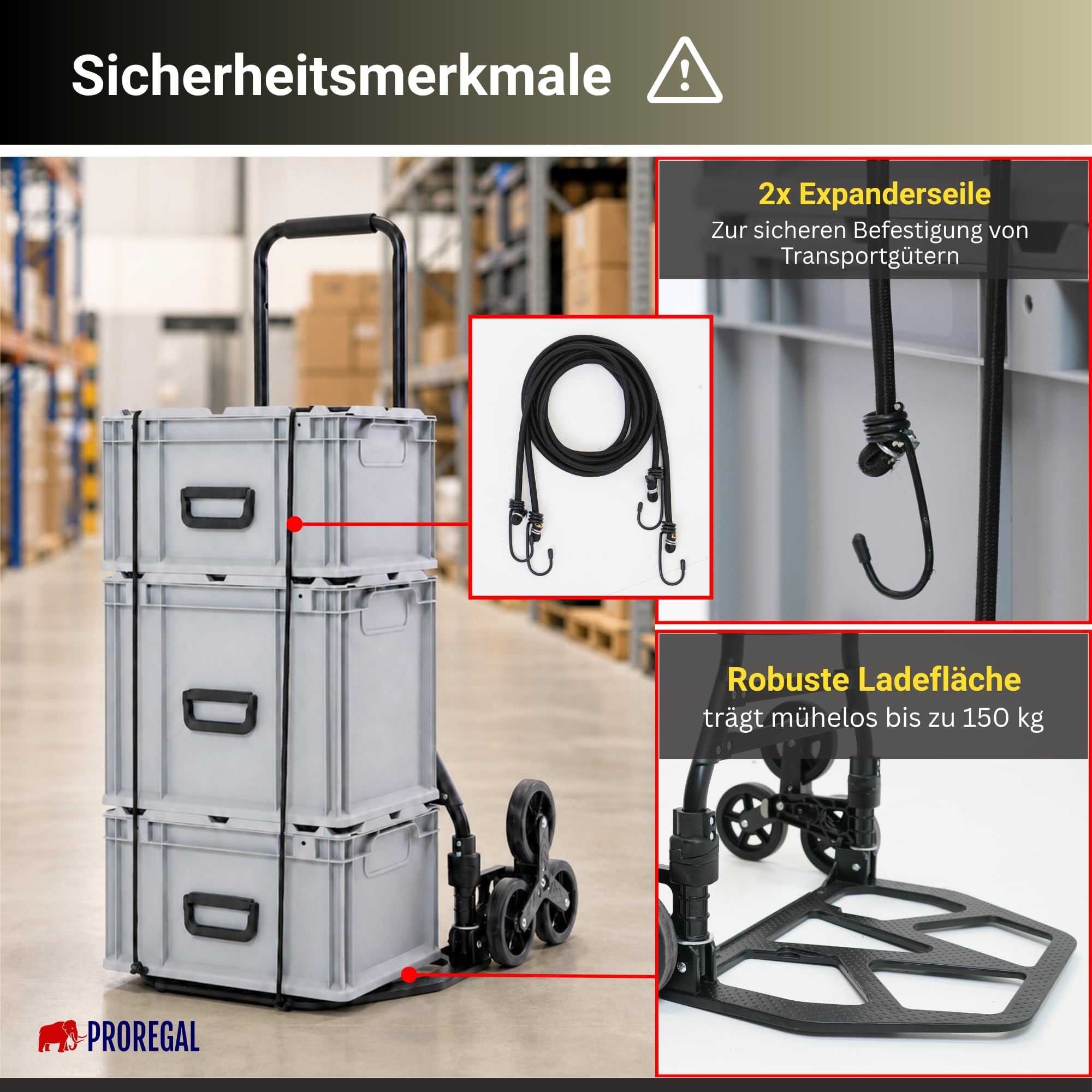 PROREGAL Klappbare Treppensackkarre Elephant | große Schaufel | Traglast 150kg | 6,8 kg leicht | Aluminium, Vollgummireifen Teleskopgriff 100 cm | Schwarz | Sackkarre Transportkarre für Treppen