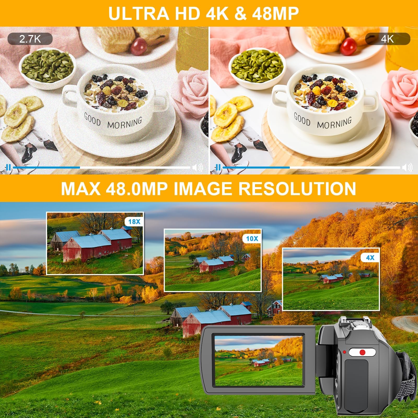 4K Video Camera, 48MP 30FPS Camcorder for Youtube, FHD1080P Video Vlogging Recorder /18X Digital Zoom /3.0'' 270°Rotation IPS Screen Camera Camcorder,with Remote / 2 Batteries