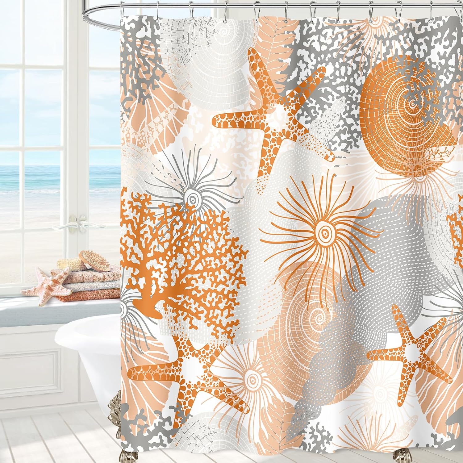 Extra Long Shower Curtain 72 x 96 Inch, Floor to Ceiling X-Long Tall Beach Ocean Shower Curtain, Summer Seashell Starfish Coral Nautical Coastal Shower Curtains for Bathroom Decor, Teal Blue