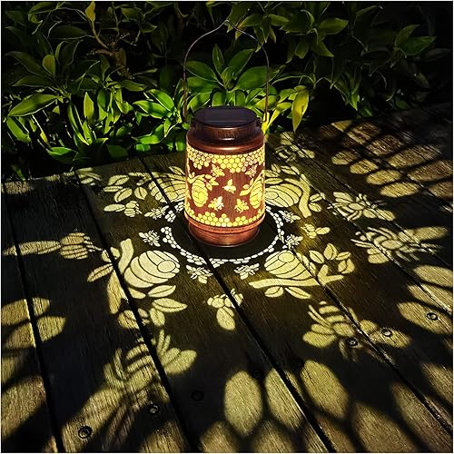 Faroles solares colgantes para exteriores, decoración de abeja de abeja, impermeable, ahuecada, retro, de metal, decoración elegante para patio,