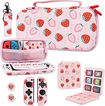 Cute Carrying Case for Nintendo Switch & Switch OLED Cover, Hard Portable Travel Case for Switch Accessories with Game Case, 2 Joy Con Shell, Shoulder Strap, and 2 Thumb Caps - Pink Strawberry
