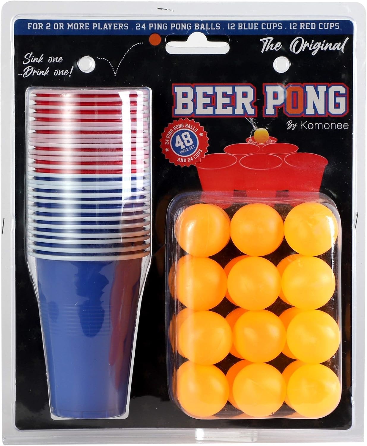 Komonee Beer Pong Set 48 PCS American Adult Indoor Novelty Drinking Game 24 Re-usable Cups and 24 Orange Balls