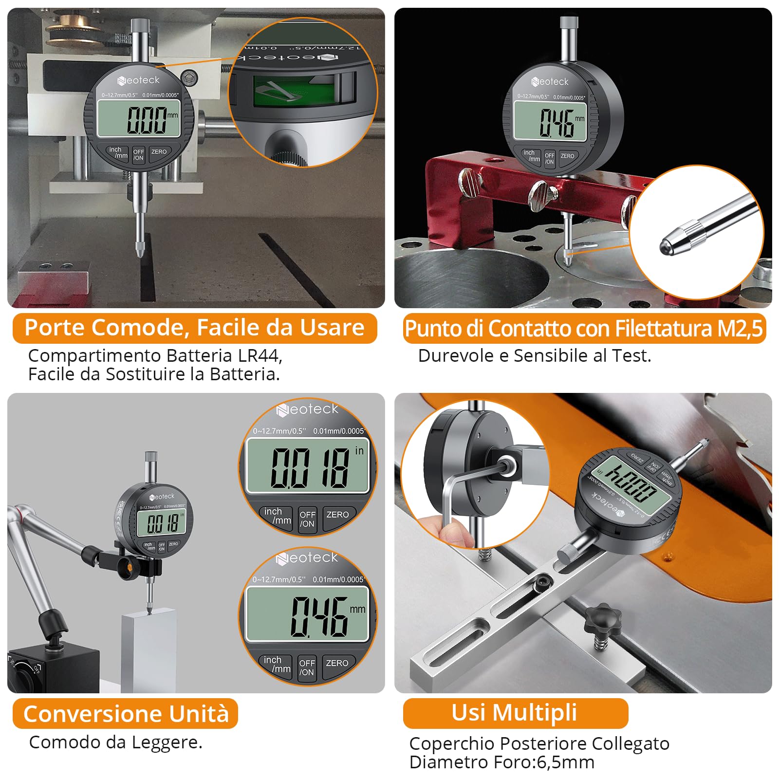 Neoteck Comparatore Centesimale Digitale 0.01mm Precisione con LCD Display Calibro Indicatore di Quadrante Professionale 0-12.7mm/0.5" Commutazione mm/inch per Meccanici Officina Laboratorio