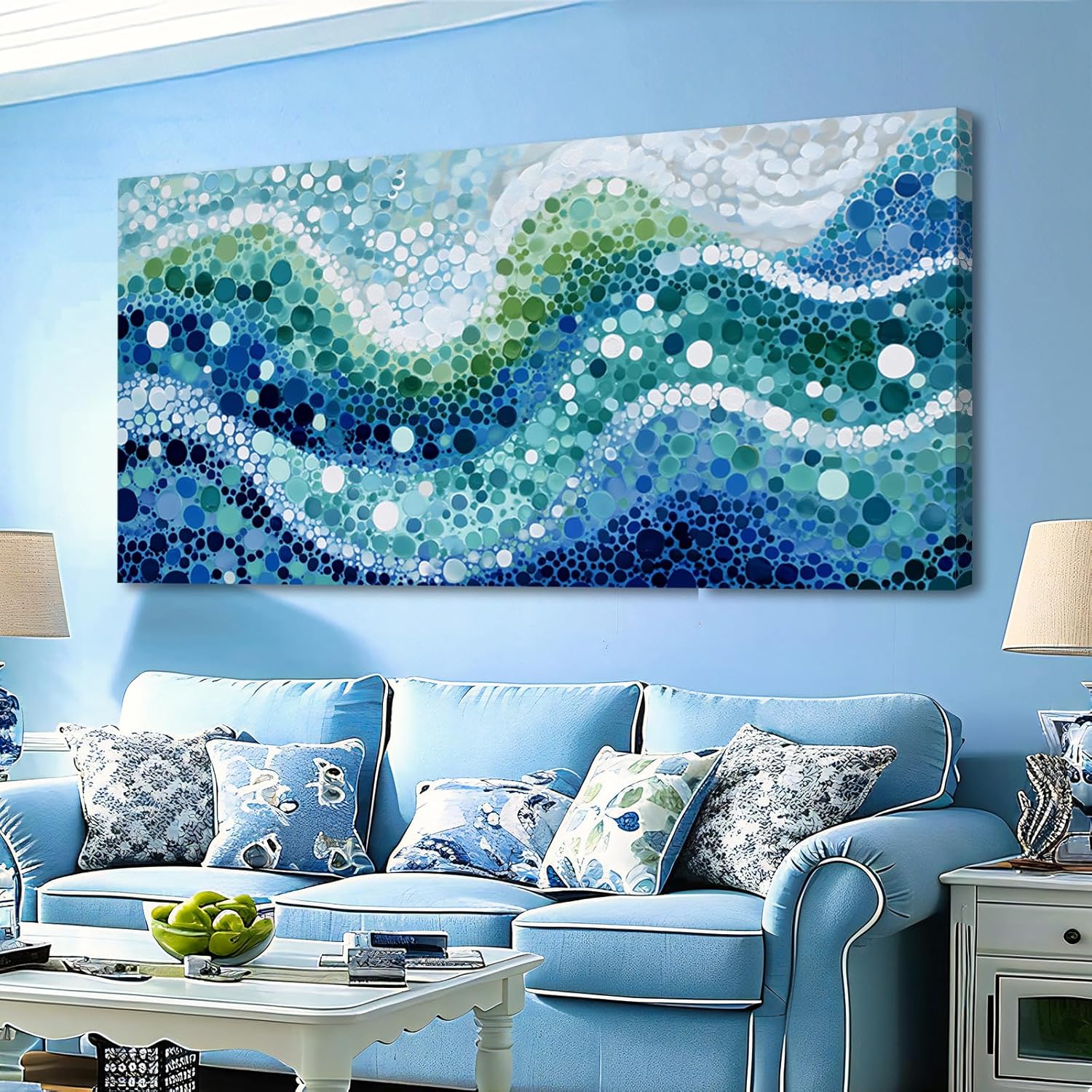 Colorful Ocean Wave Abstract Wall Art Modern Minimalist Coastal Seascape Canvas Prints Paintings Blue Green White Bubbly Pointillism Pictures Artwork for Bathroom Bedroom Living Room Decor 23" x 46"