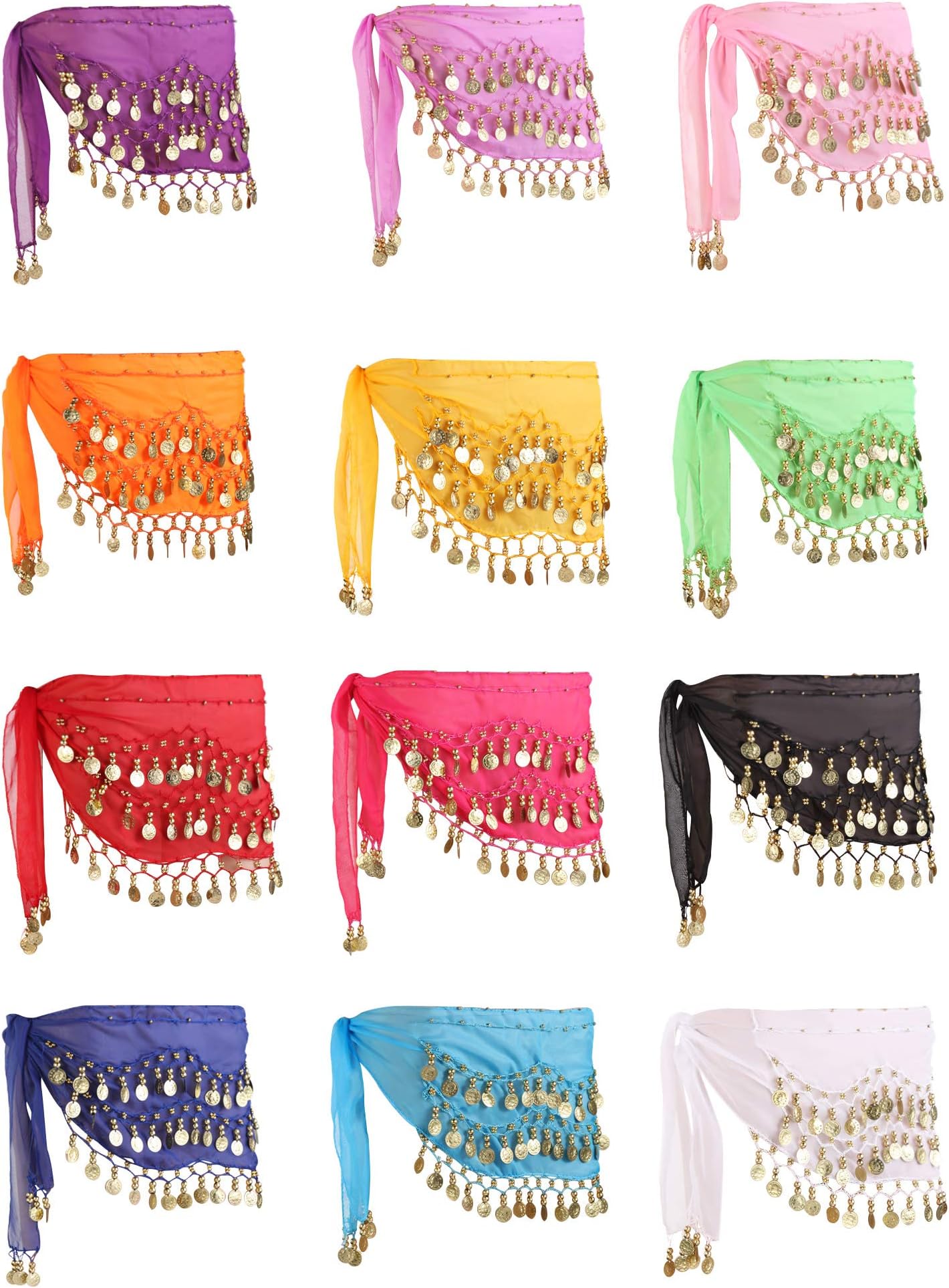 12 Pieces Belly Dance Skirt Hip Skirt 12 Colors Waist Chain Dance Hip Scarf Belt with Dangling Gold Coins