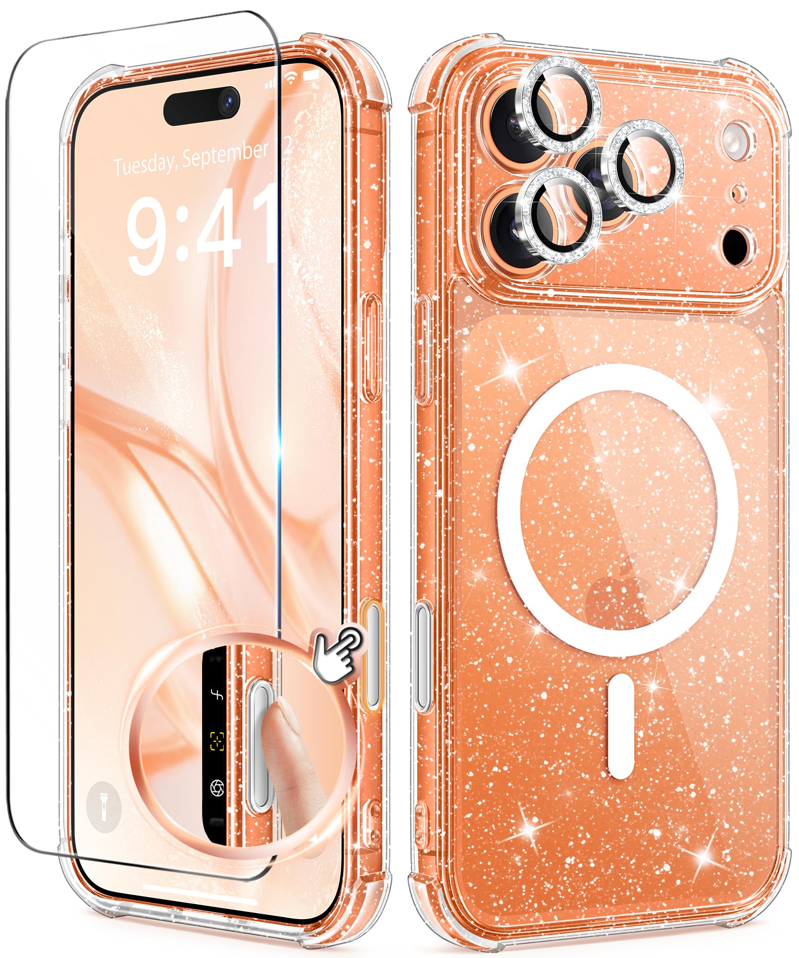 BERFY for iPhone 17 Pro Max Case for Women Compatible with MagSafe Clear Glitter Shockproof Protective Case Anti-Yellowing