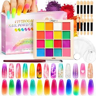 16 Colors Pigment Powder for Nails Palette Set Ombre Neon | Nail Color Powder, DIY Manicure Kit, Nail Accessories, with 50 Nail Swatch Sticks, Nail Brush, for Women, Long Lasting