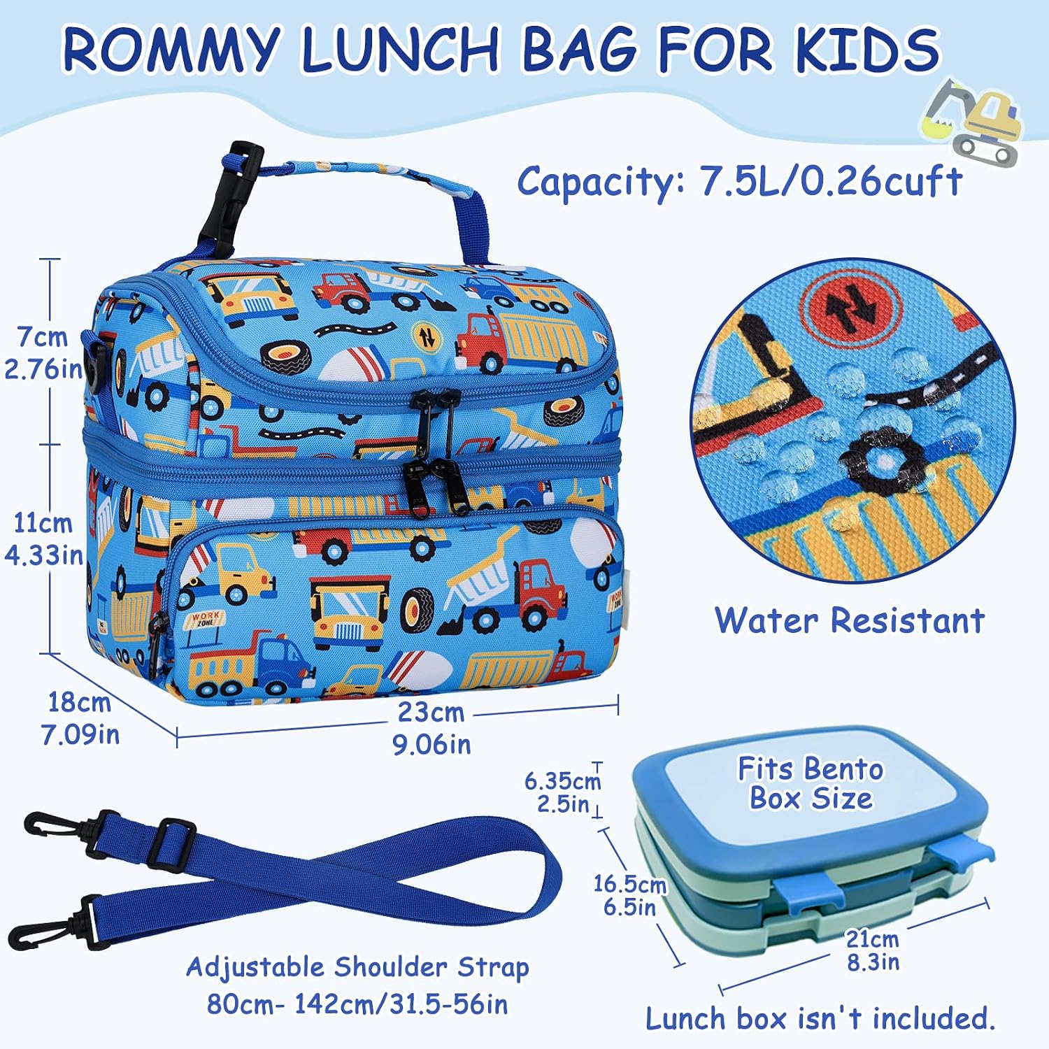 Kasqo Dual Compartment Lunch Bag for Boys, 7.5L Large Lunch Box, Blue Car image 2