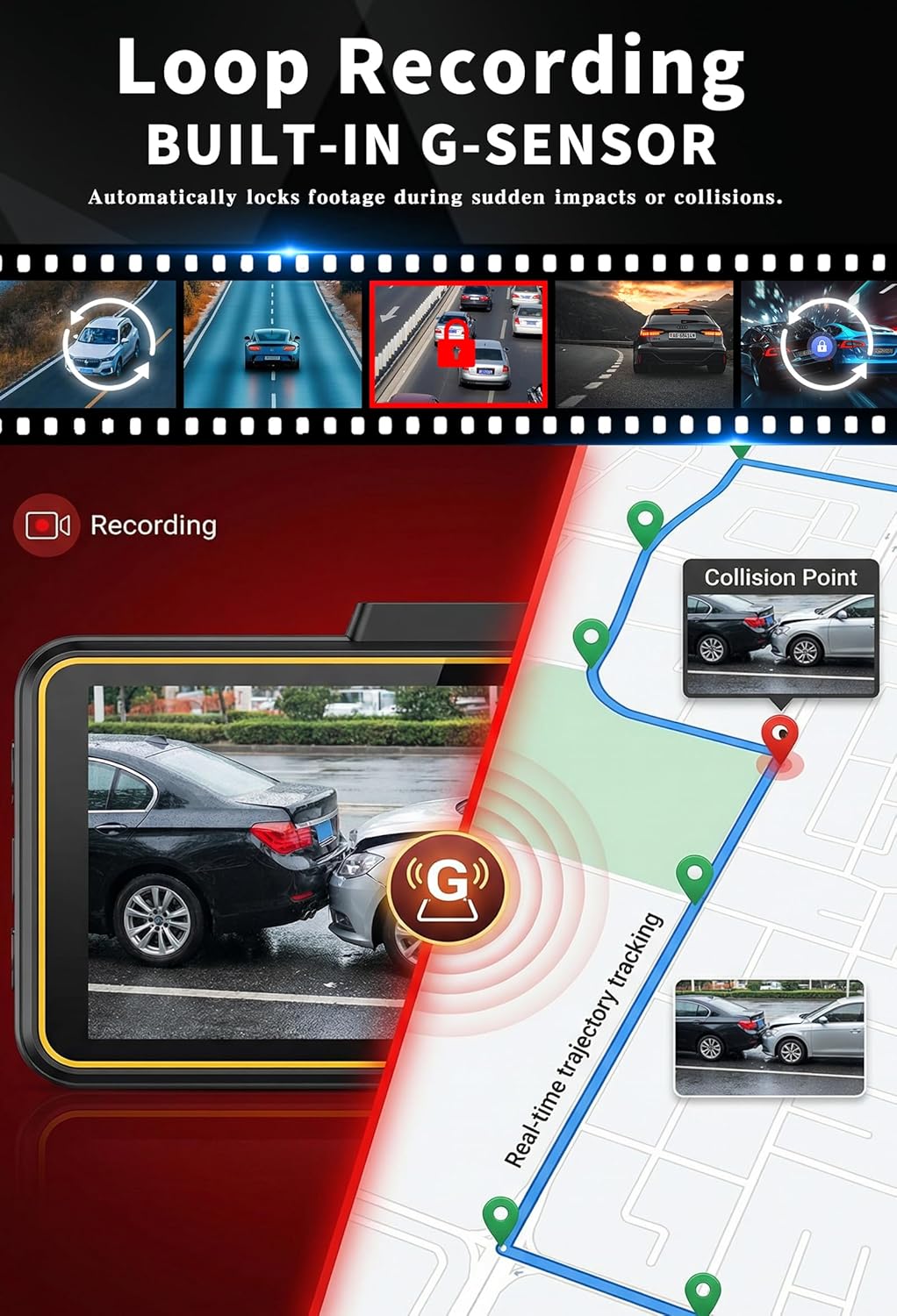 4 Channels 360°Dash Cam,2.5K+1080P Front and Rear Camera for Cars, Built-in G-Sensor, Car Recorder with GPS and 128G Card, 24H Parking Monitor,Loop Recording, Night Vision,Support WiFi/APP Control，