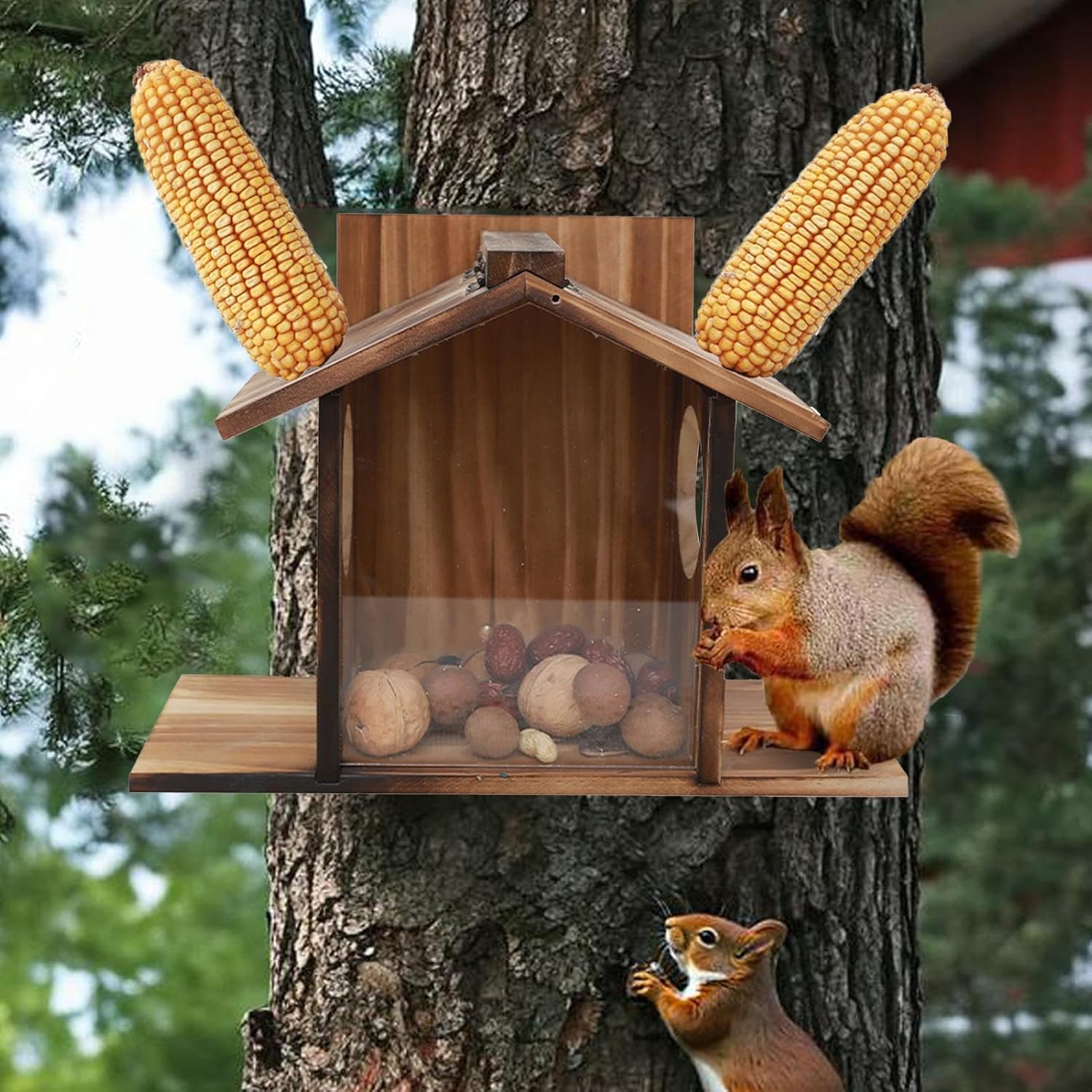 Wooden Squirrel Feeder,Squirrel Feeder House | Outdoor Wooden Squirrel Feeder,Winter Feeding House,Large Waterproof Feeder Funny Feeder