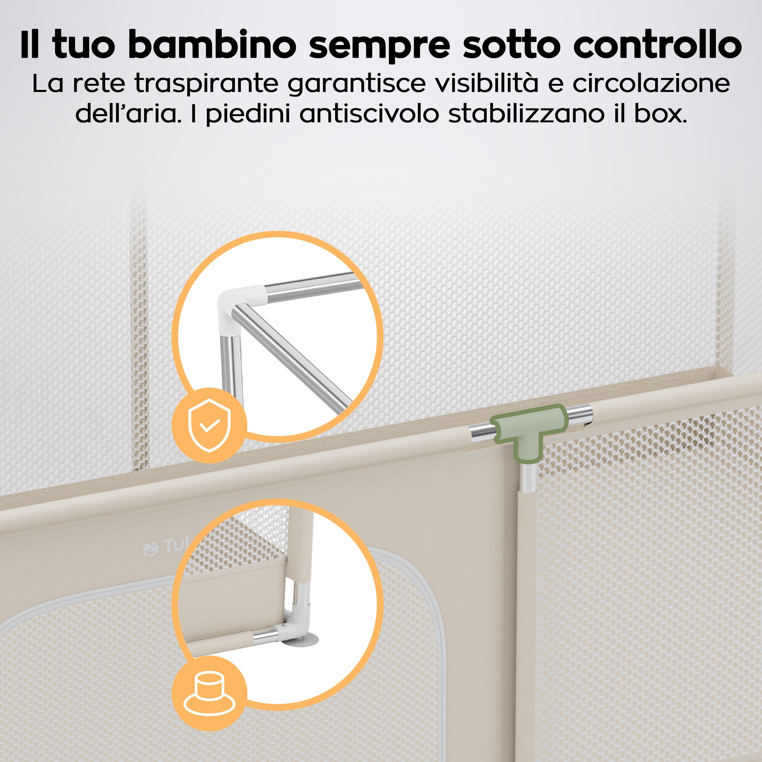 Tulano Cozy 22 Box per Bambini 120x180 cm - Recinto Neonato con Fondo | 6-36 mesi - Struttura in Metallo – Rete Traspirante – Porta con Cerniera – Borsa Inclusa – Casa e Giardino – Beige