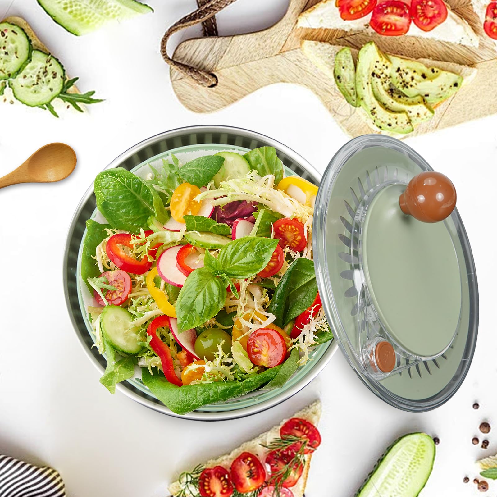 Essoreuse à salade en acier inoxydable avec fonction de coupe [5 accessoires différents] Essoreuse à salade par base antidérapante et entraînement à manivelle, séparateur de jaunes, bol