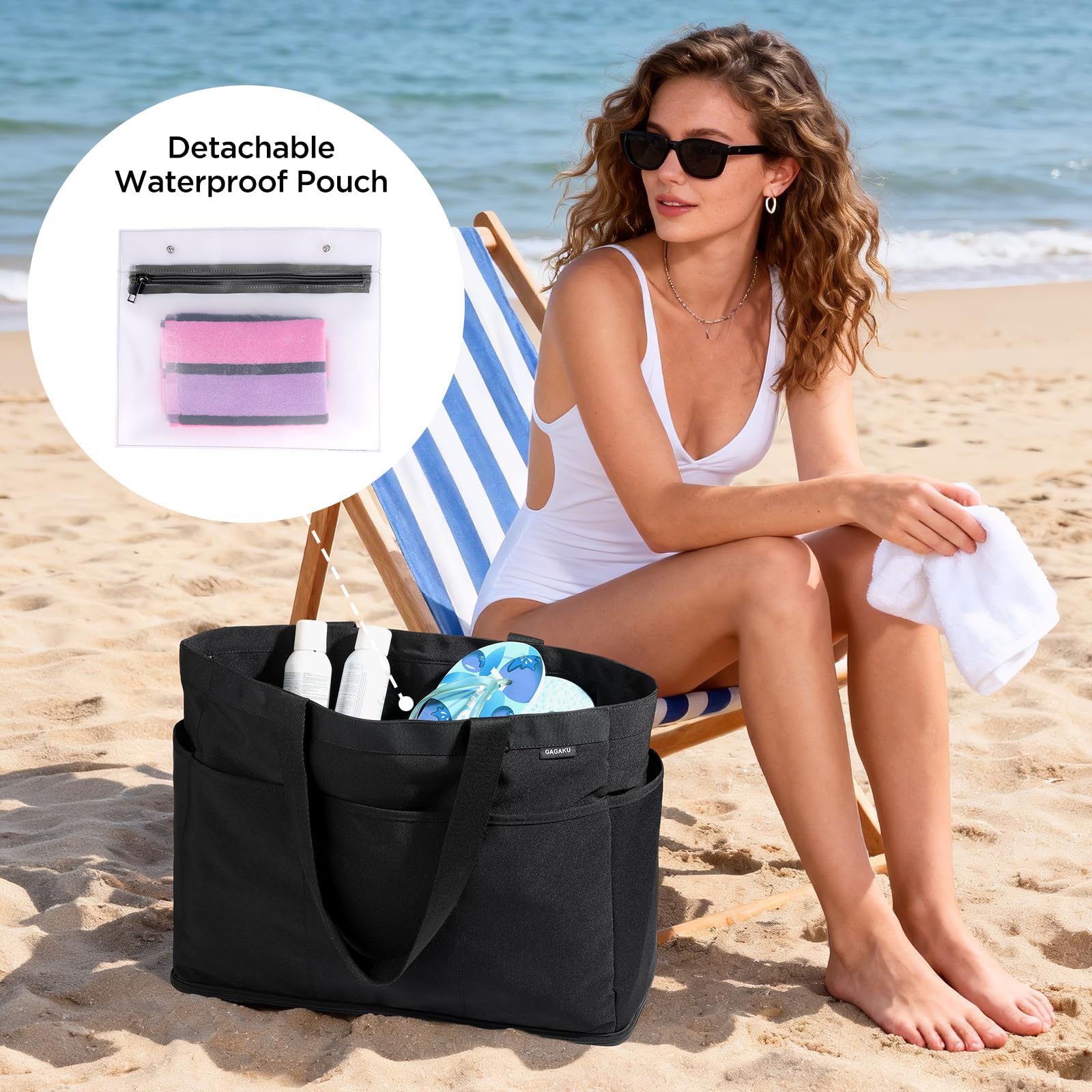 GAGAKU Bolsa de playa XXL con compartimento frigorífico, impermeable, con cremallera, plegable, grande, para familia, mujer, piscina, viajes, color azul, 50 x 38 x 19 cm