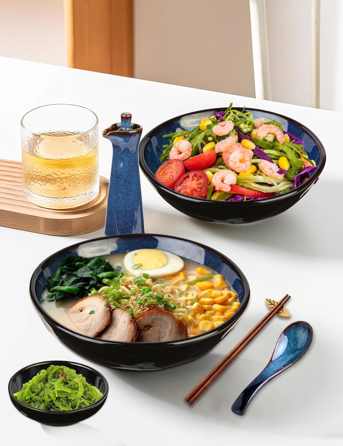 7.8 Inch Pasta Bowls Set of 2, 27oz Deep Soup & Salad Bowls for Kitchen,Porcelain Microwave Dishwasher Safe Dinnerware Set, Blue Reusable Cereal Bowl Gift