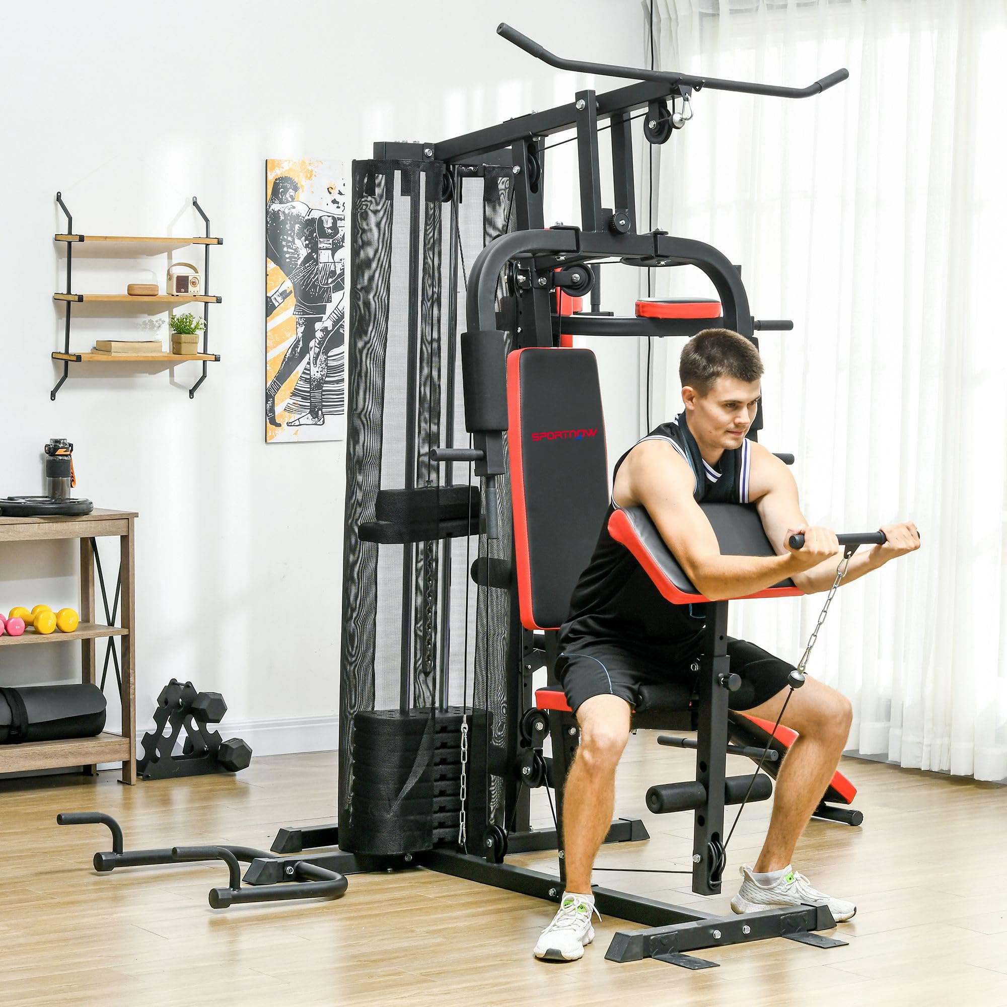 SPORTNOW Stazione Fitness Multifunzione per Allenamento del Corpo, Panca Multifuzione in Acciaio e PU con 65kg di Pesi totale, 225x175x200 cm, Nero
