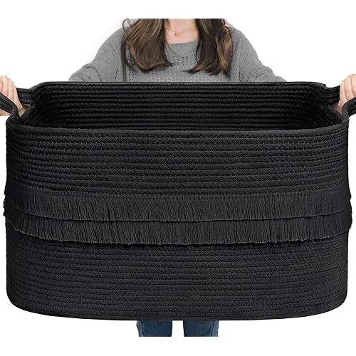 CherryNow Toy Basket and Blanket Storage for Living Room, Rope Basket for Home Decor, Organizing With Handles, Large Laundry Storage, Black Rectangle, 21.6" x 15" x 11.8", 65L