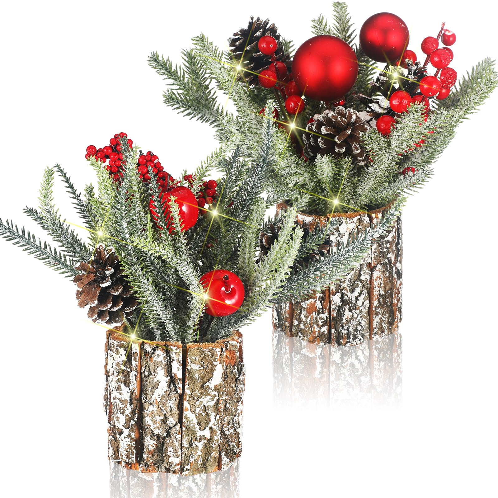 Lyrow Lot de 2 mini sapins de Noël en pot pré-éclairés avec lumières - Mini décorations de table artificielles avec baies et pommes de pin, 35 x 30 cm