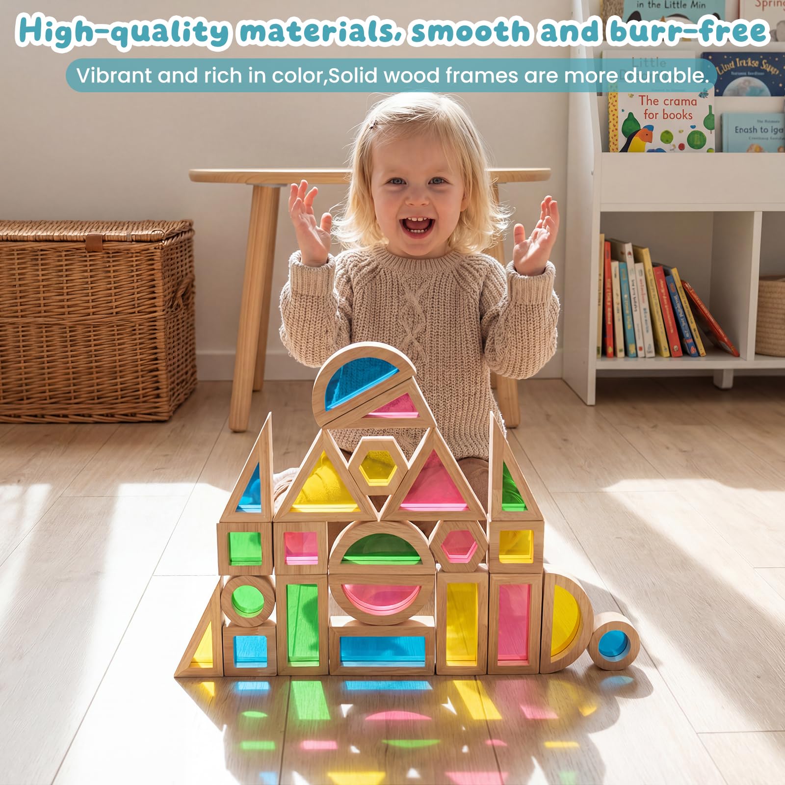 WOODENFUN 32 Pièces Blocs de Construction Arc en Ciel Acryliques Montessori Jouet pour Enfants en Bois de Caoutchouc Blocs Acryliques Transparents Arc en Ciel (22pcs)