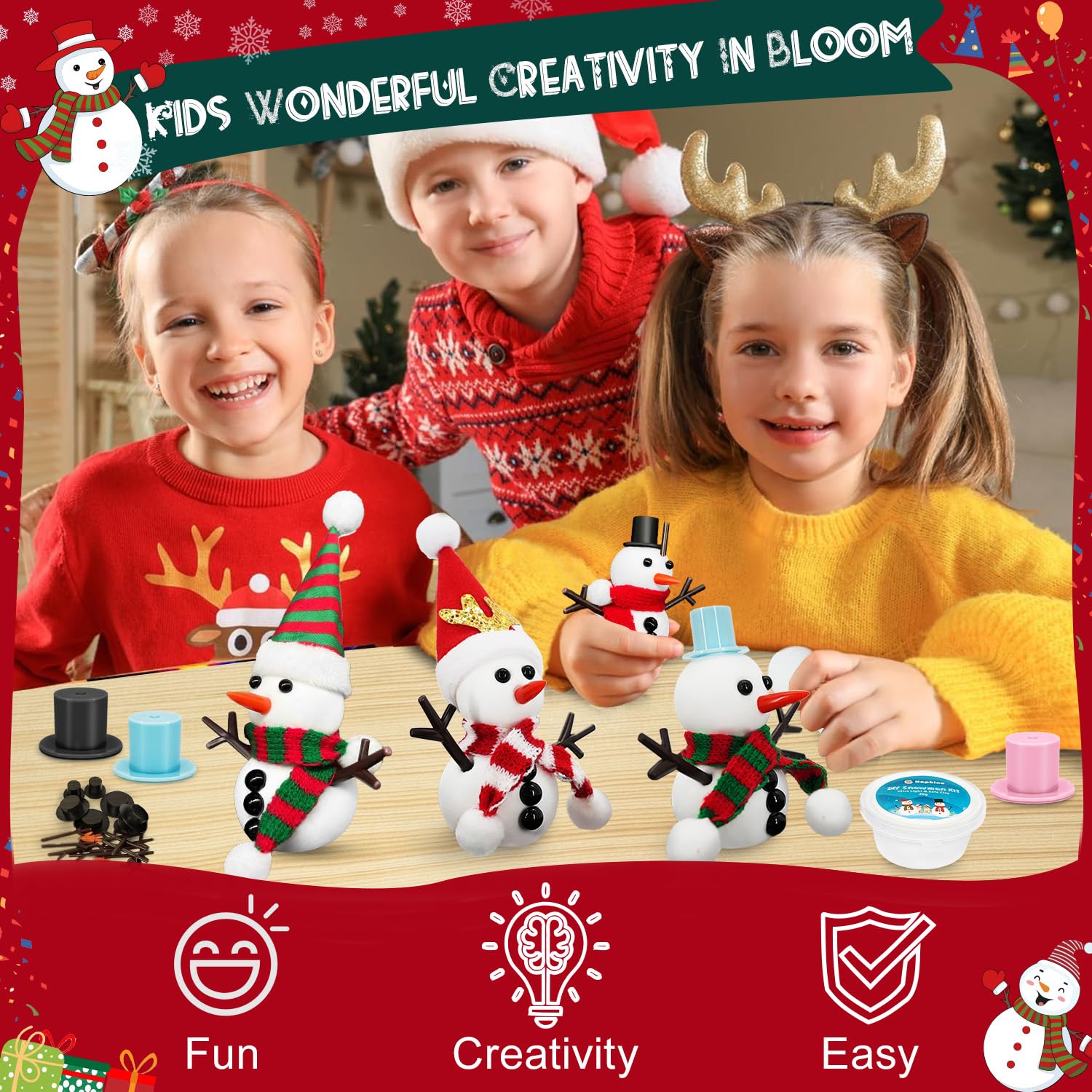 Paquete de 12 kit de muñeco de nieve, kit de muñeco de nieve de arcilla moldeada, manualidades de Navidad para niños, perfecto para fiestas de vacaciones de invierno, rellenos de calcetines de 3